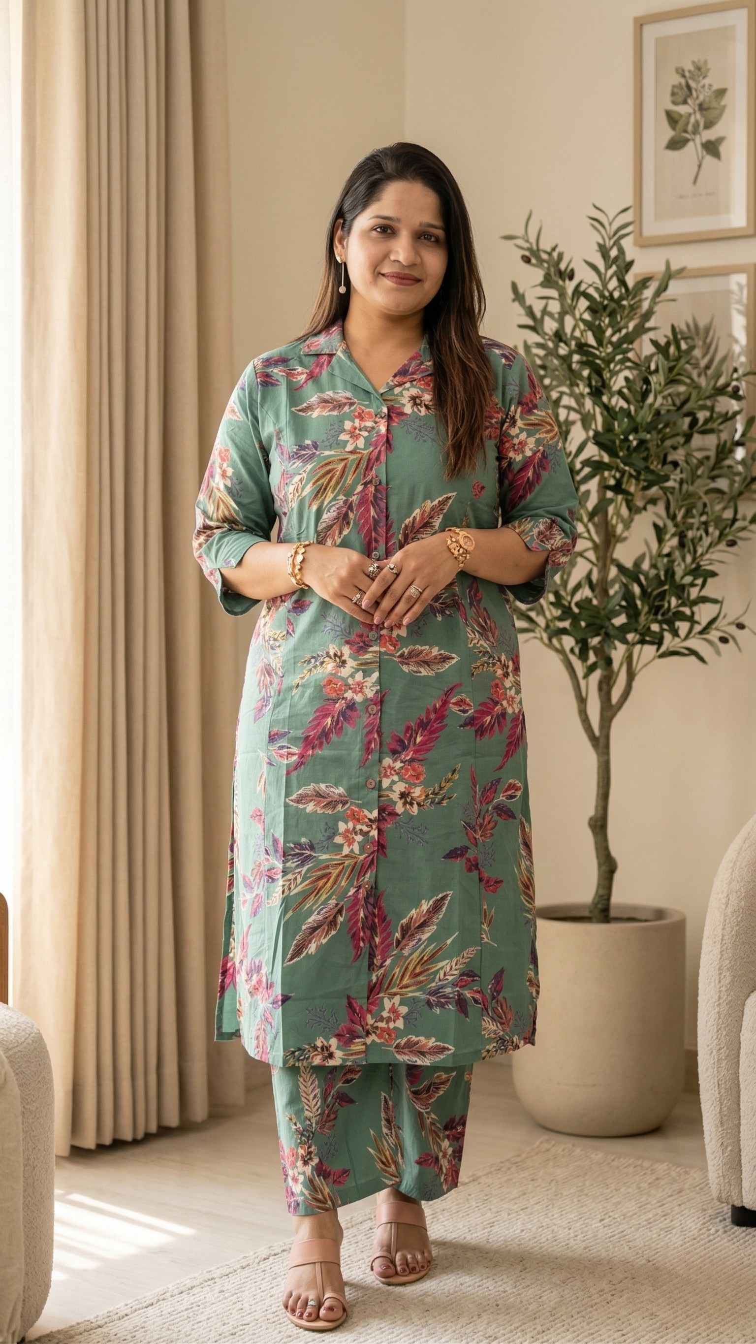 Floral Green Cotton Kurti Set with Pants