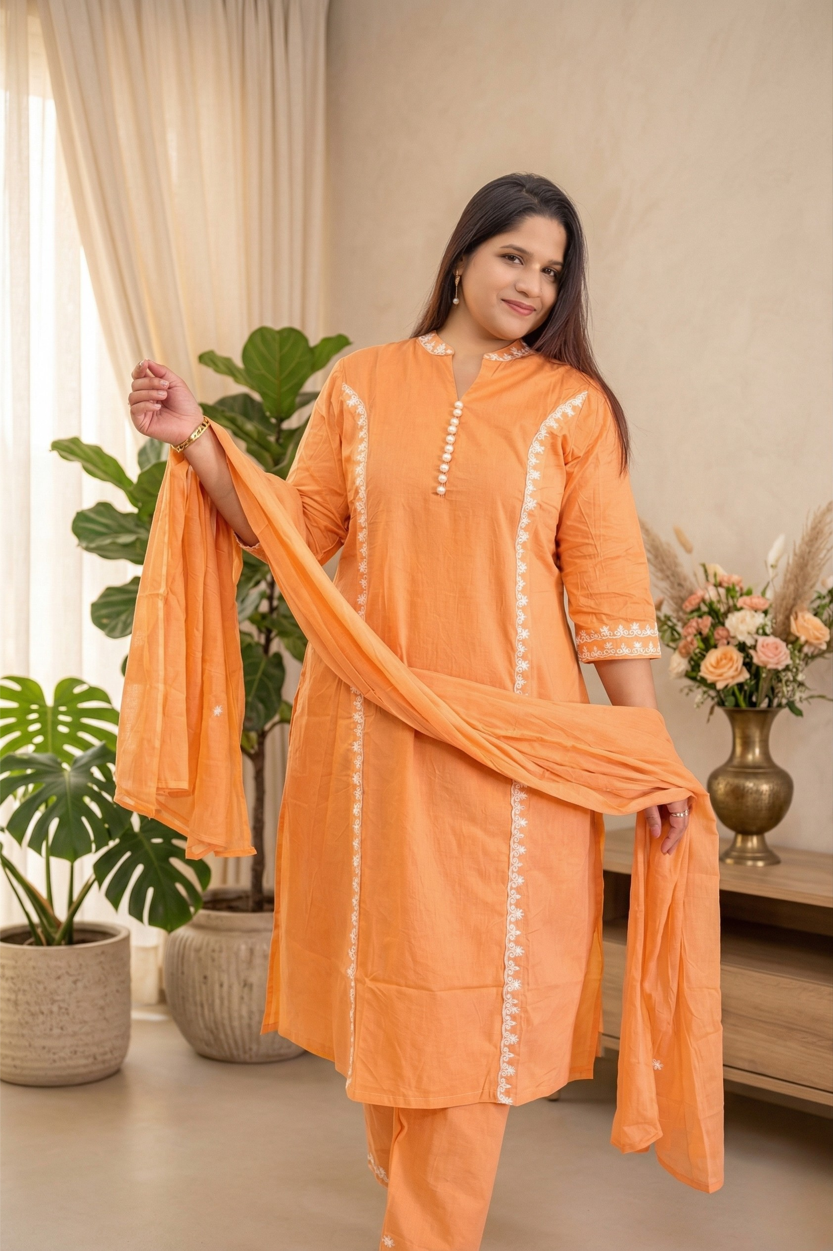 Royal Orange Embroidered Kurti Set with Dupatta