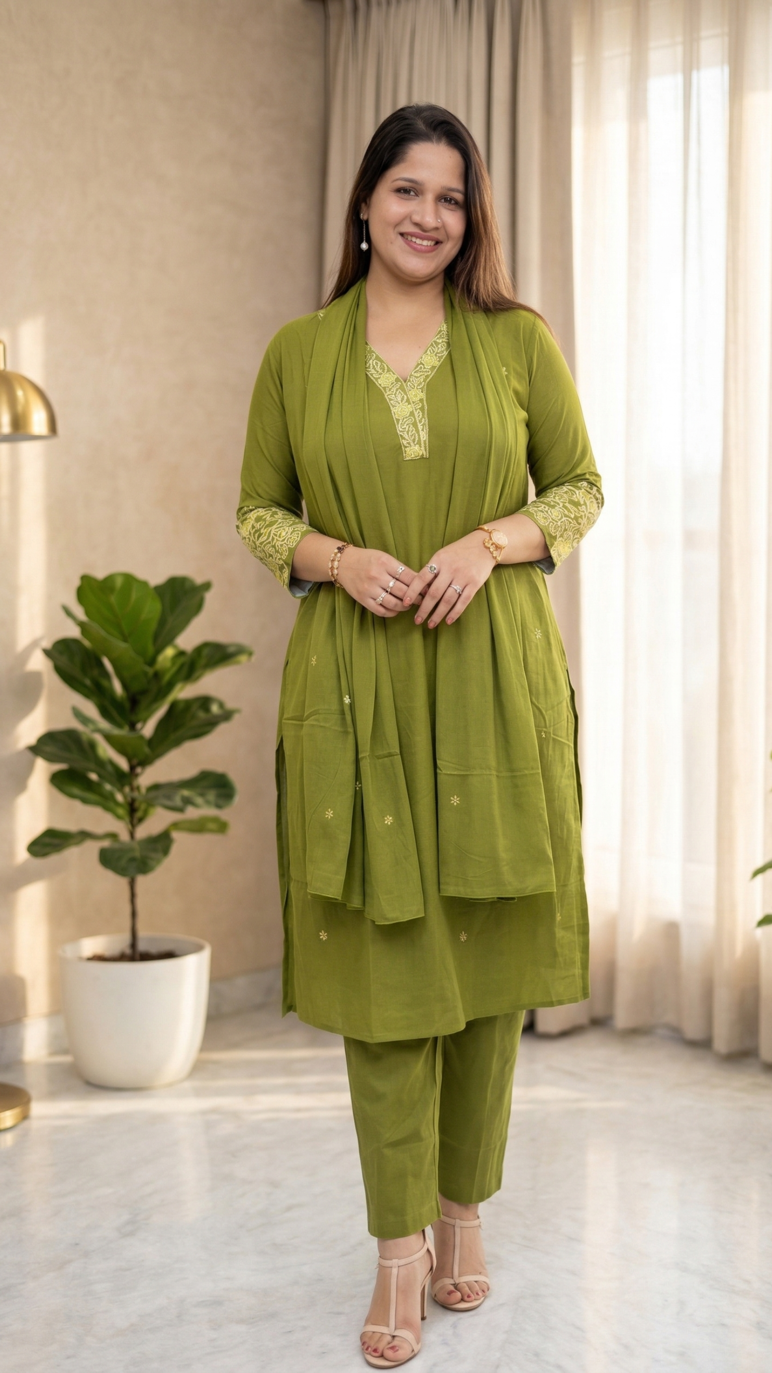 Olive Green Cotton Kurti Set with Dupatta