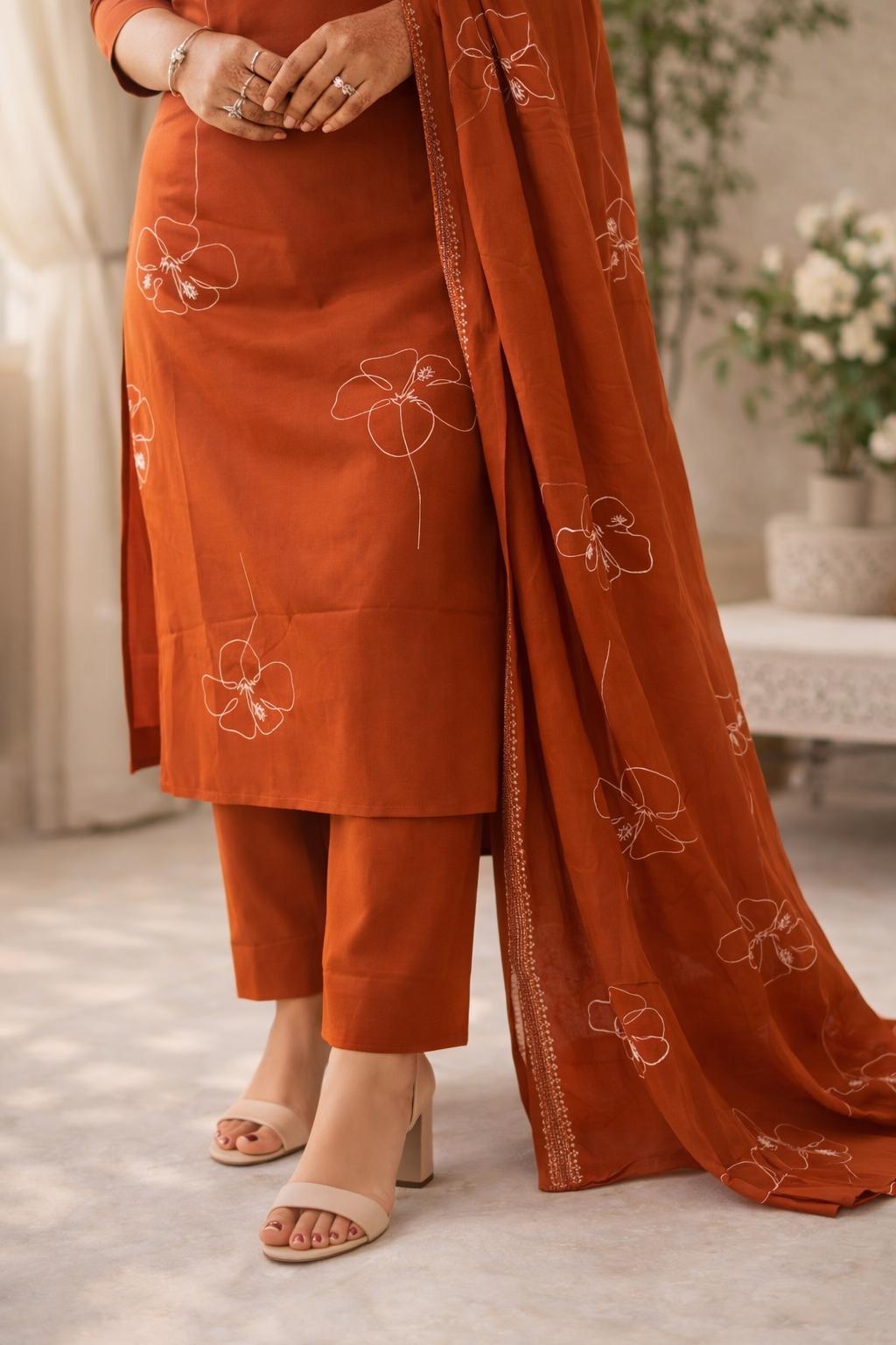 Rust Orange Floral Kurta Set with Elegant Dupatta