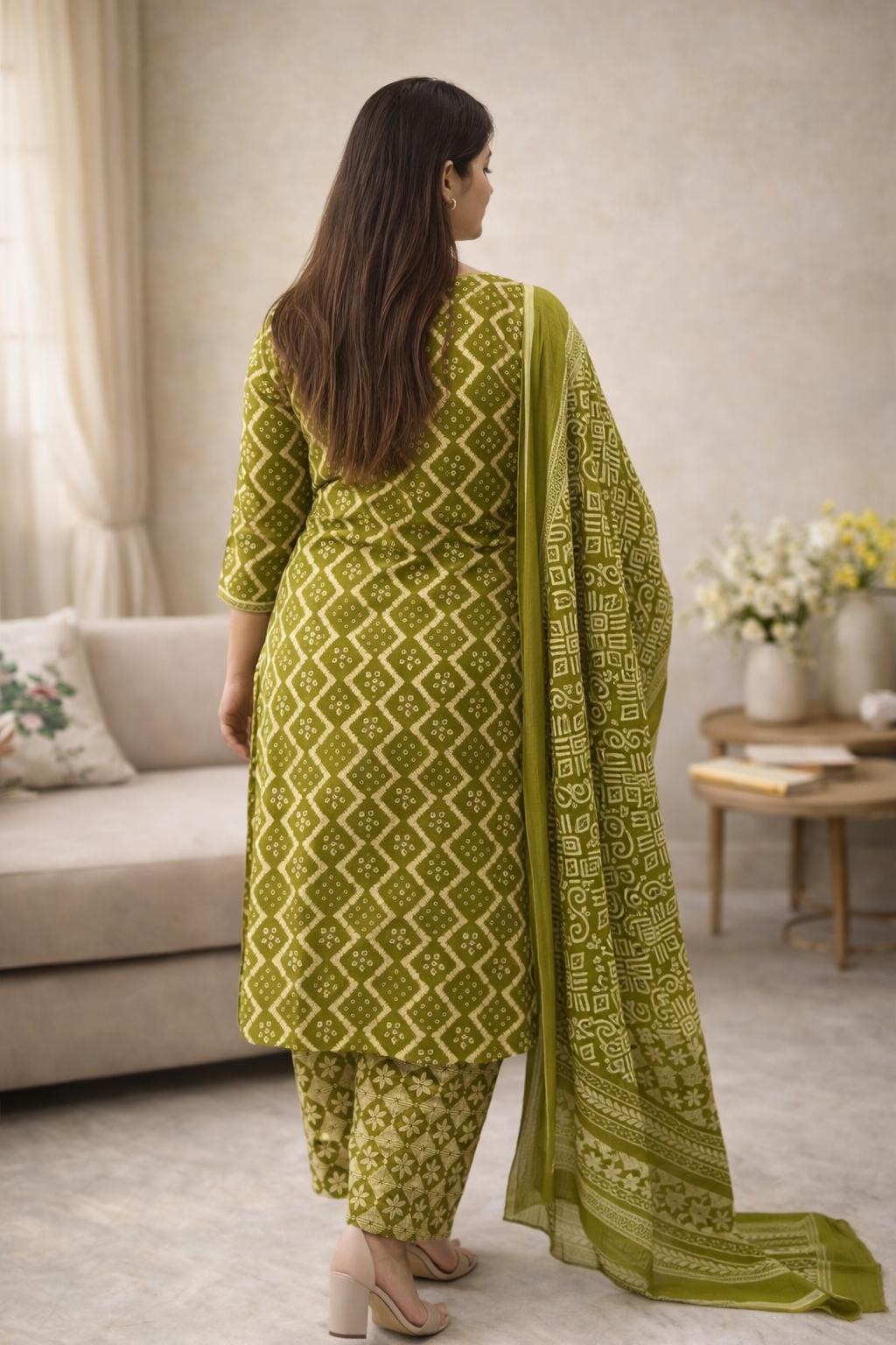 Olive Green Hand Block Cotton Suit Set with Dupatta