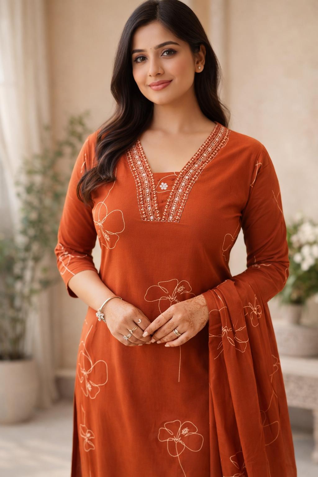 Rust Orange Floral Kurta Set with Elegant Dupatta