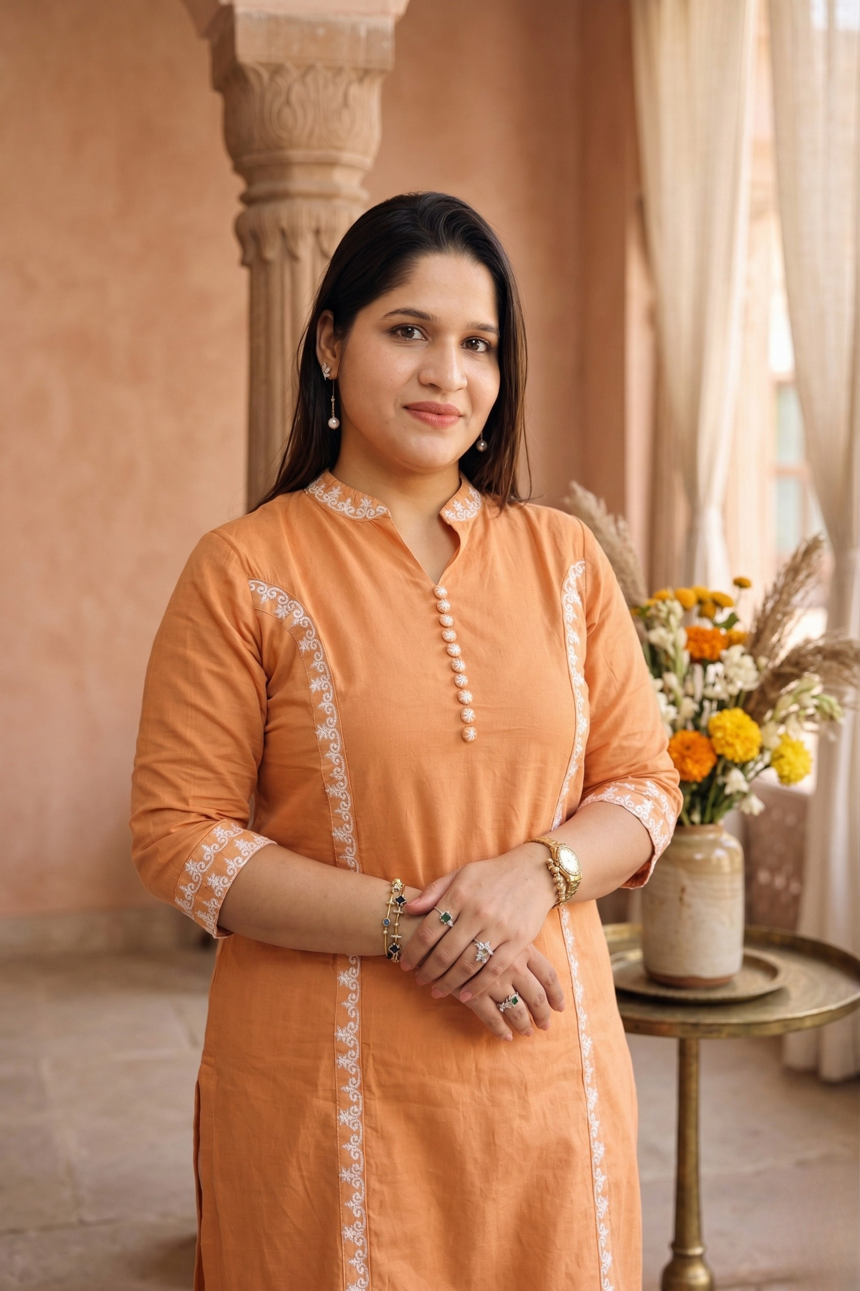 Royal Orange Embroidered Kurti Set with Dupatta