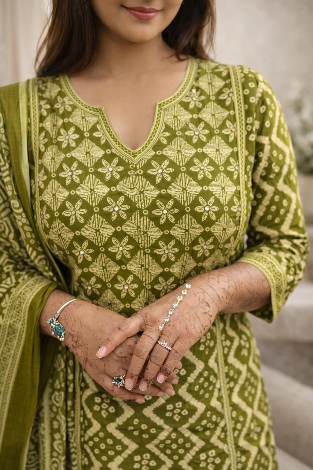 Olive Green Hand Block Cotton Suit Set with Dupatta
