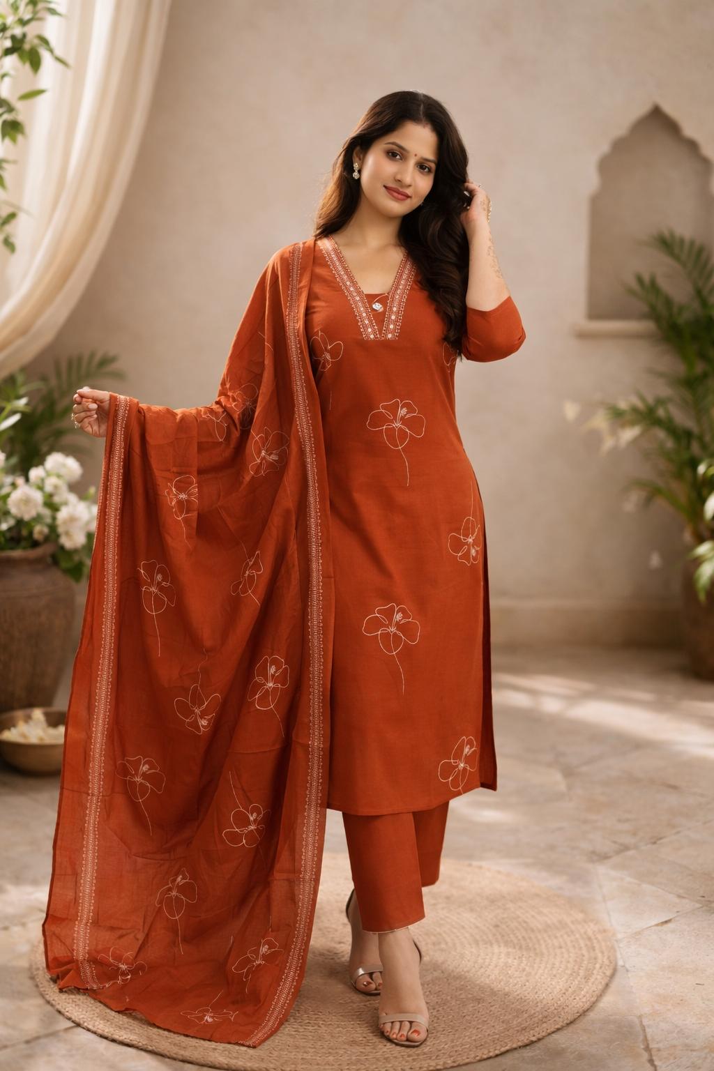Rust Orange Floral Kurta Set with Elegant Dupatta