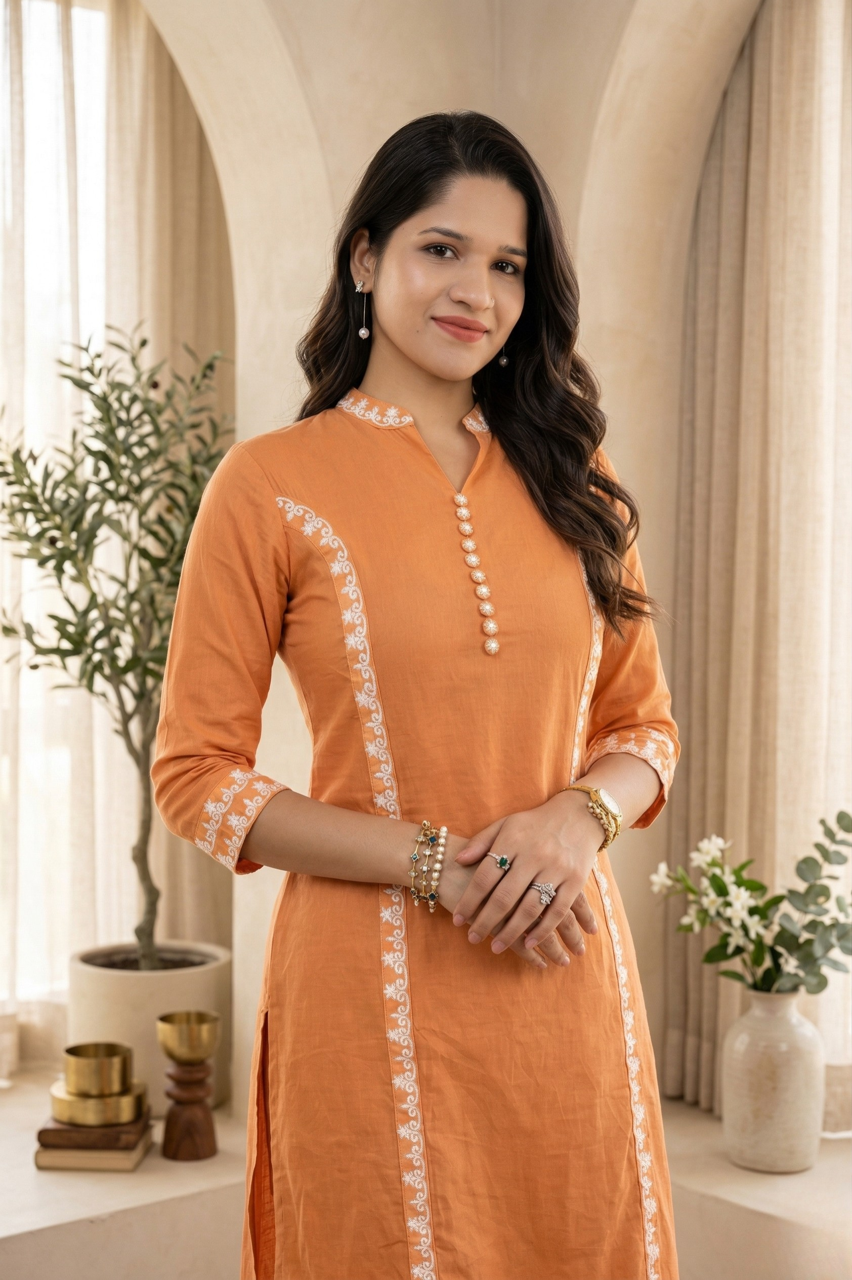 Royal Orange Embroidered Kurti Set with Dupatta