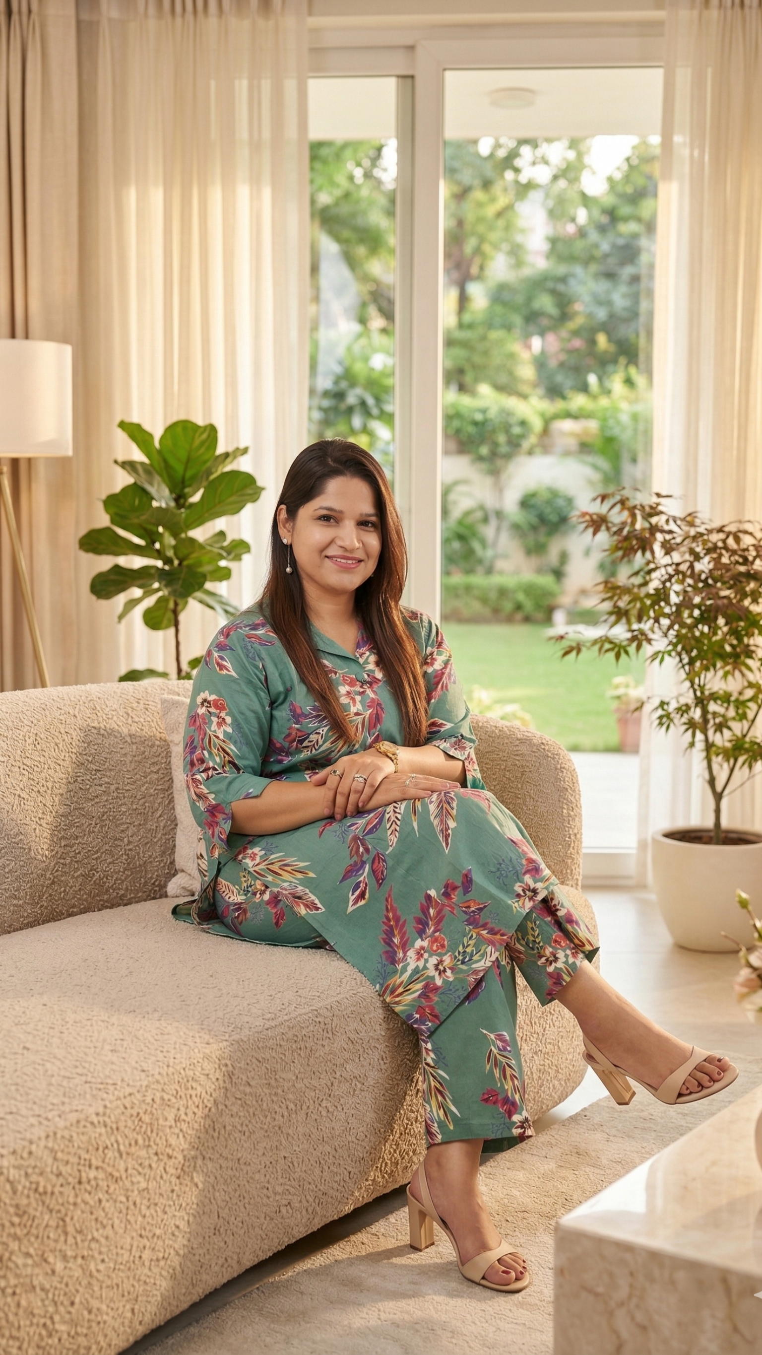 Floral Green Cotton Kurti Set with Pants