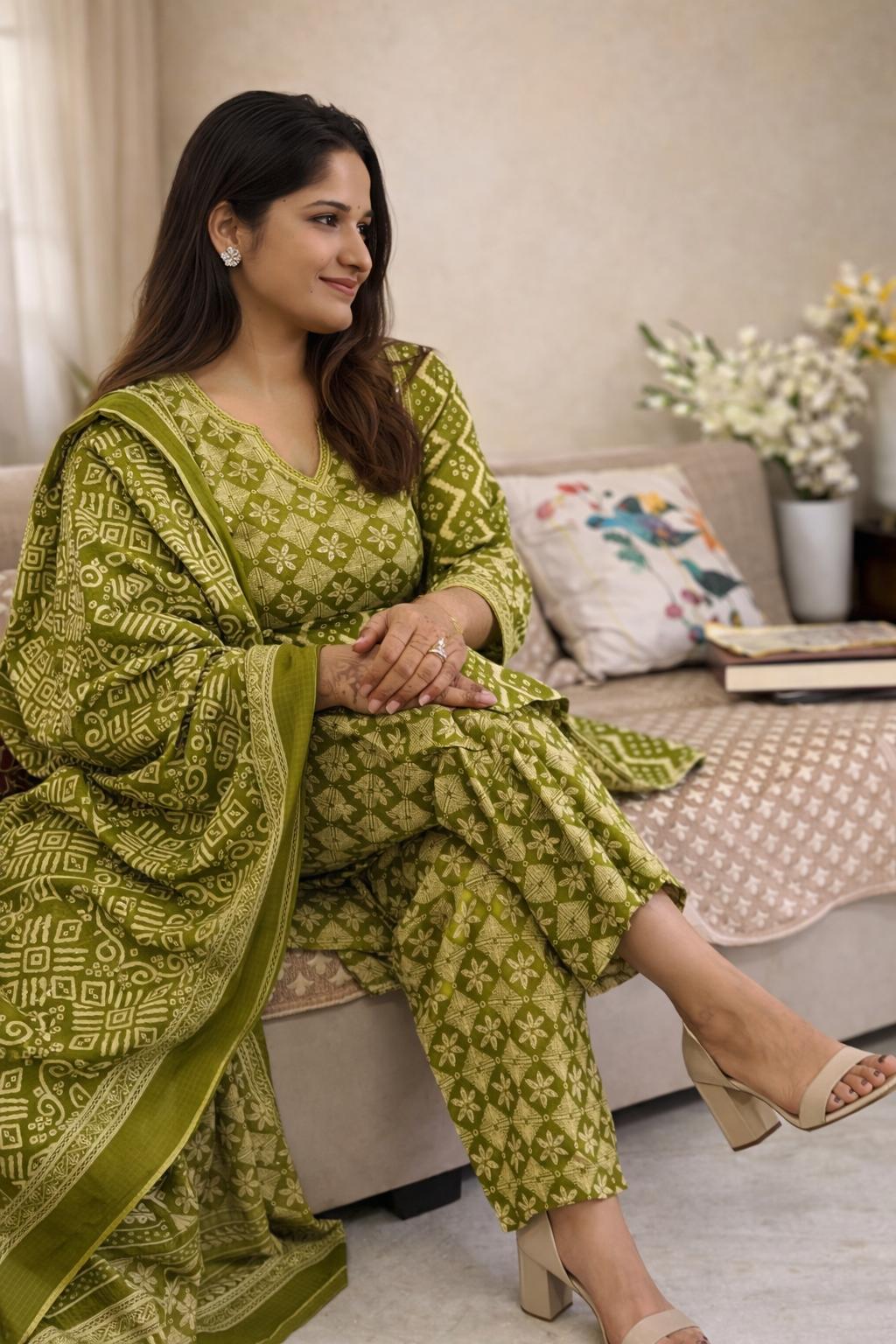Olive Green Hand Block Cotton Suit Set with Dupatta