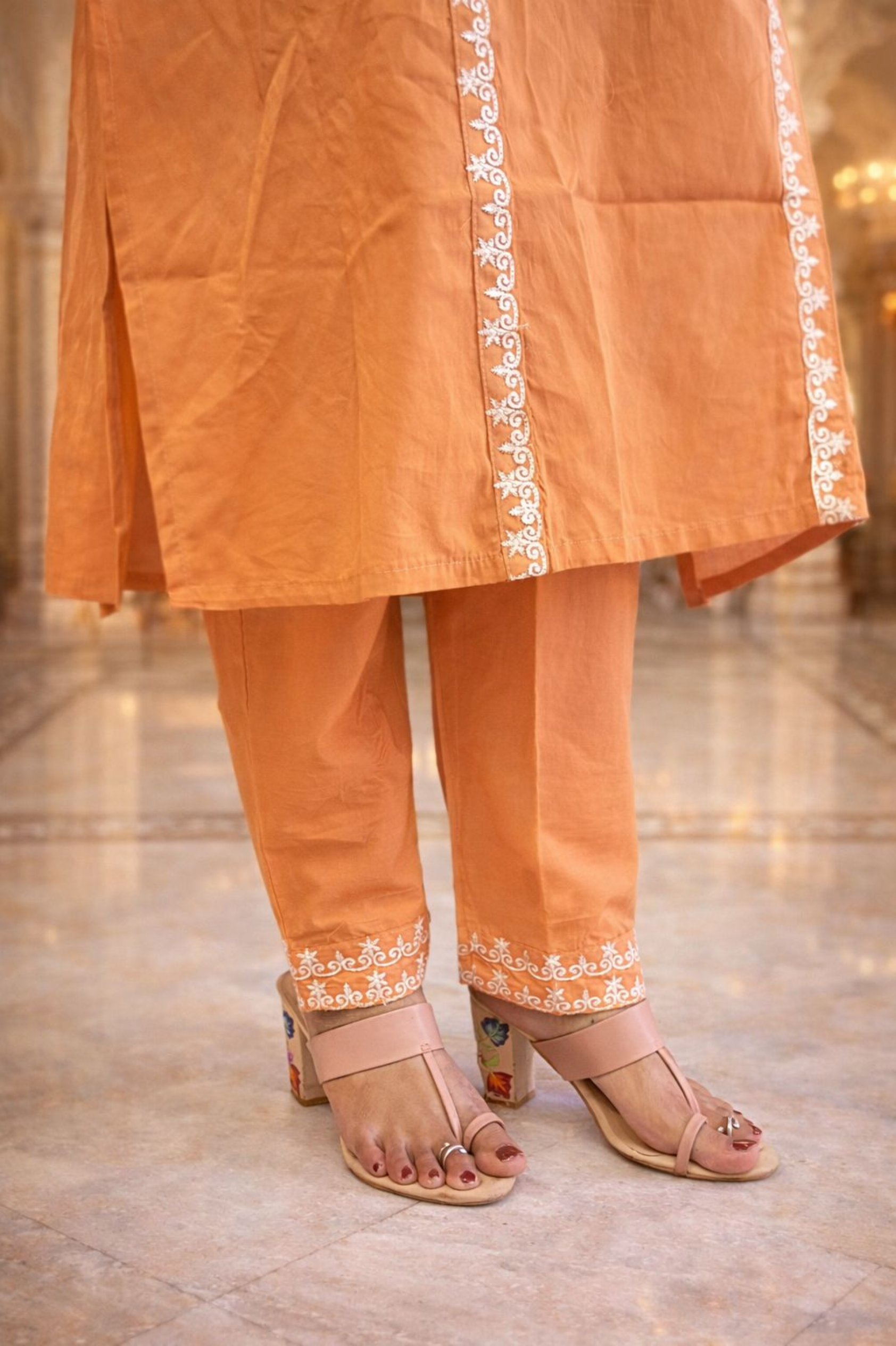 Royal Orange Embroidered Kurti Set with Dupatta