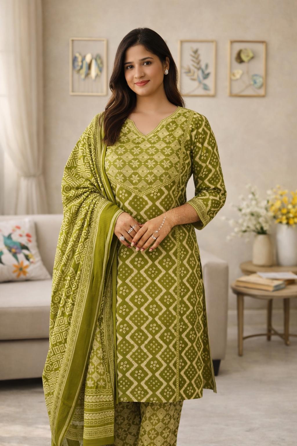 Olive Green Hand Block Cotton Suit Set with Dupatta