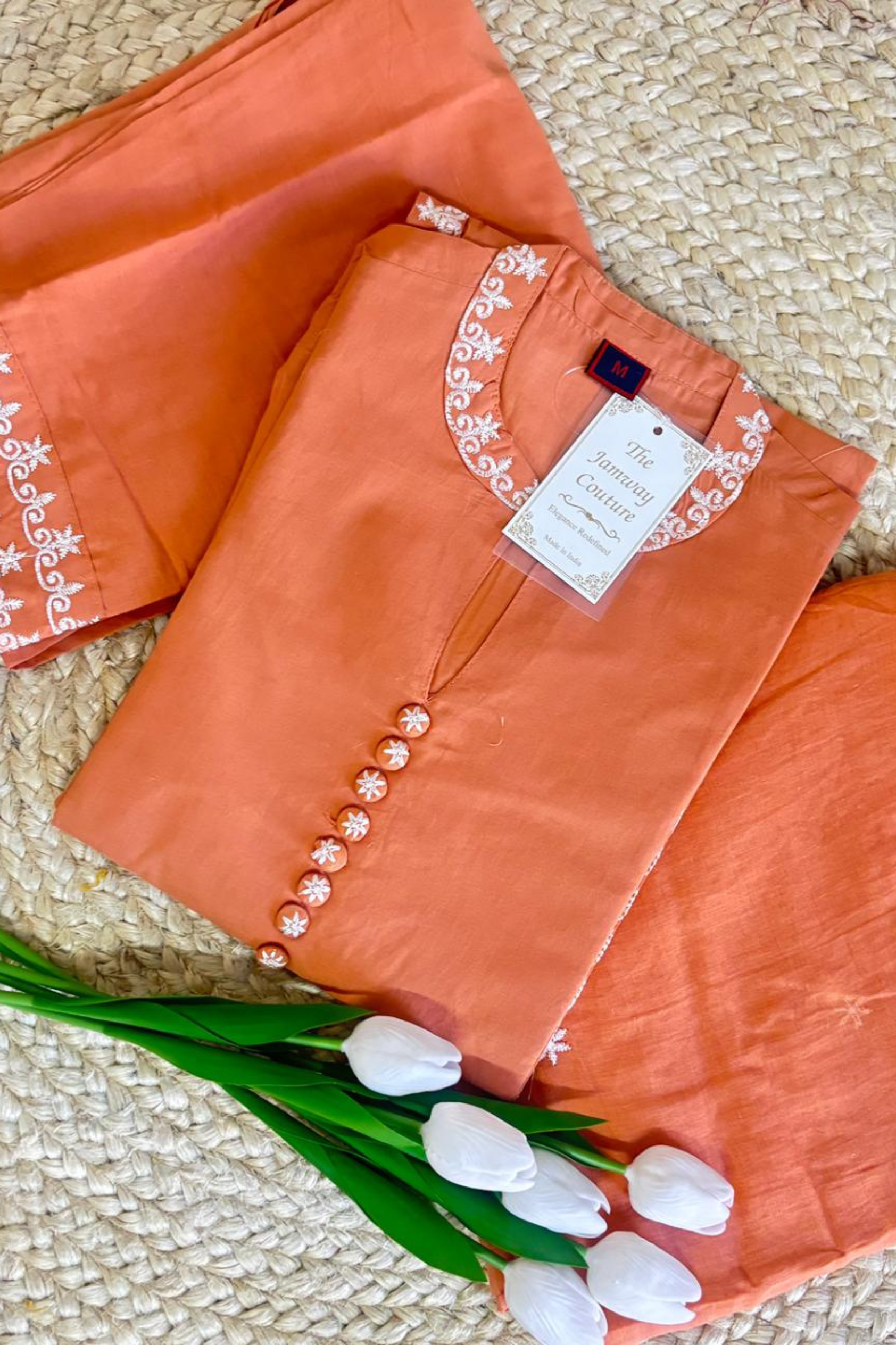 Royal Orange Embroidered Kurti Set with Dupatta