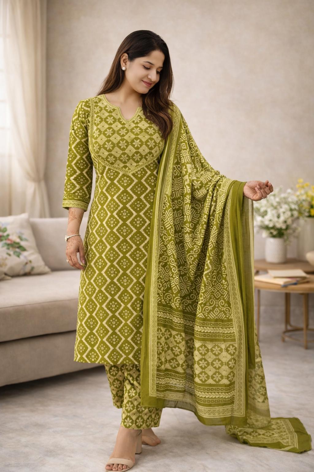 Olive Green Hand Block Cotton Suit Set with Dupatta