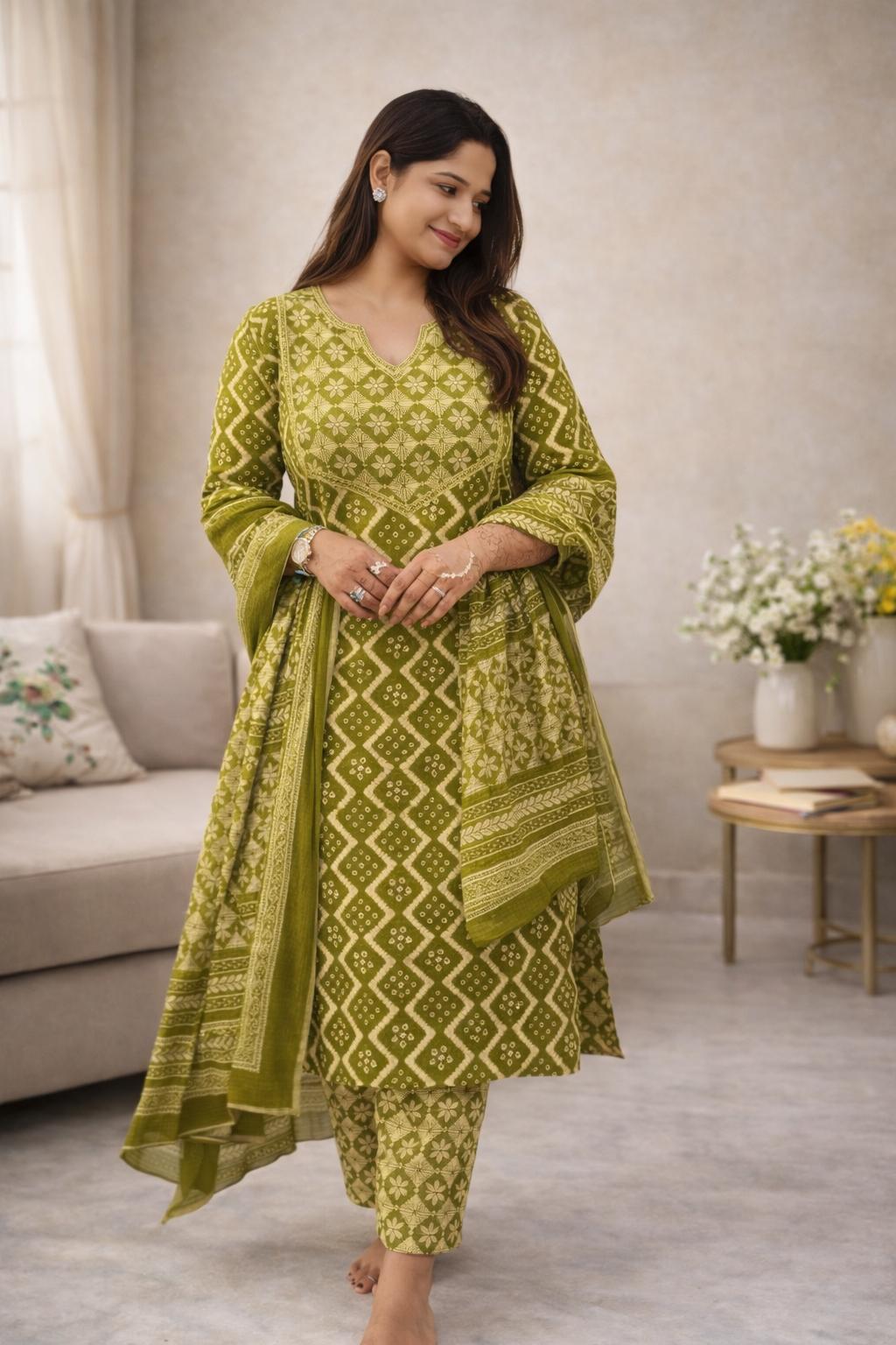 Olive Green Hand Block Cotton Suit Set with Dupatta