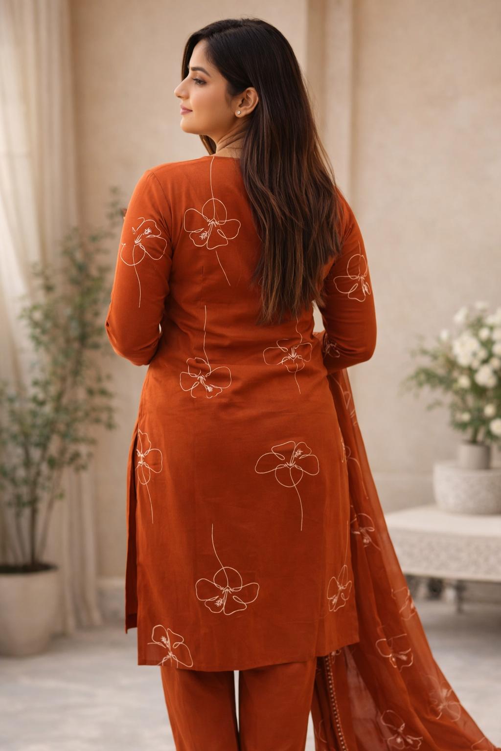 Rust Orange Floral Kurta Set with Elegant Dupatta
