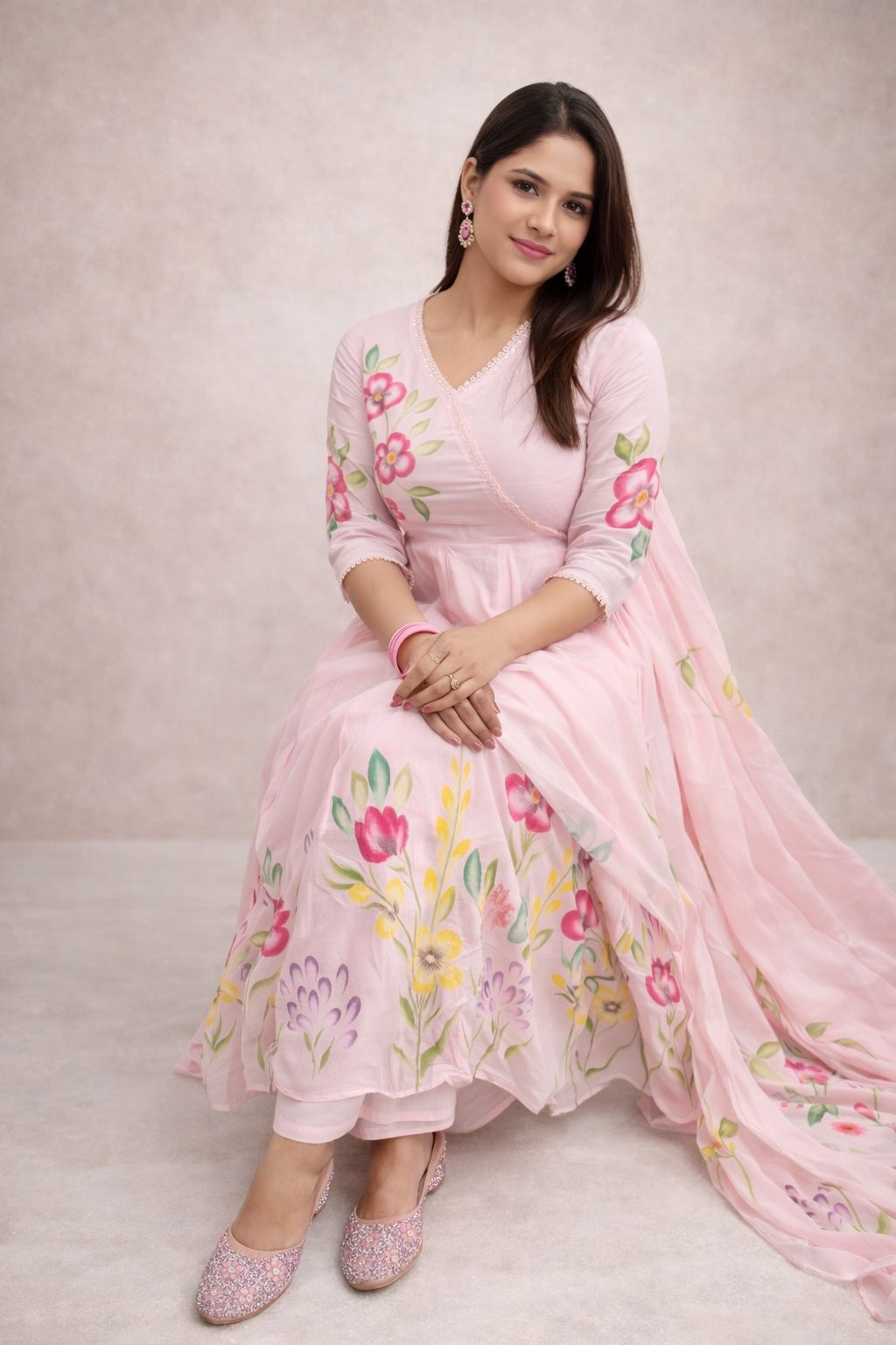 Pink Hand-Painted Cotton Anarkali Suit Set with Floral Artwork for Women