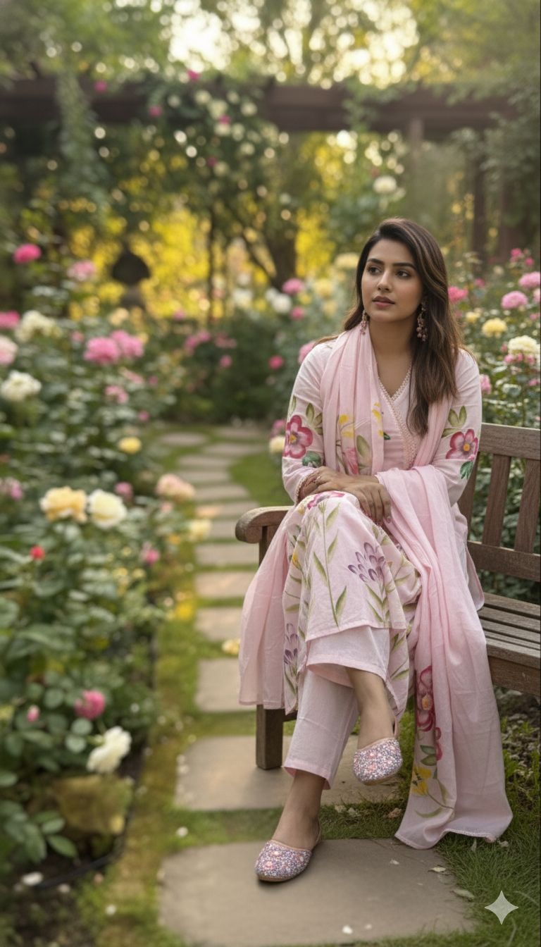 Pink Hand-Painted Cotton Anarkali Suit Set with Floral Artwork for Women