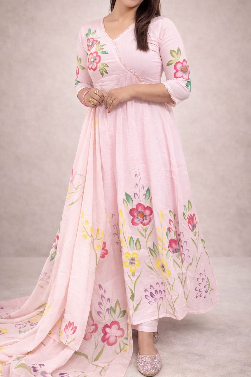 Pink Hand-Painted Cotton Anarkali Suit Set with Floral Artwork for Women