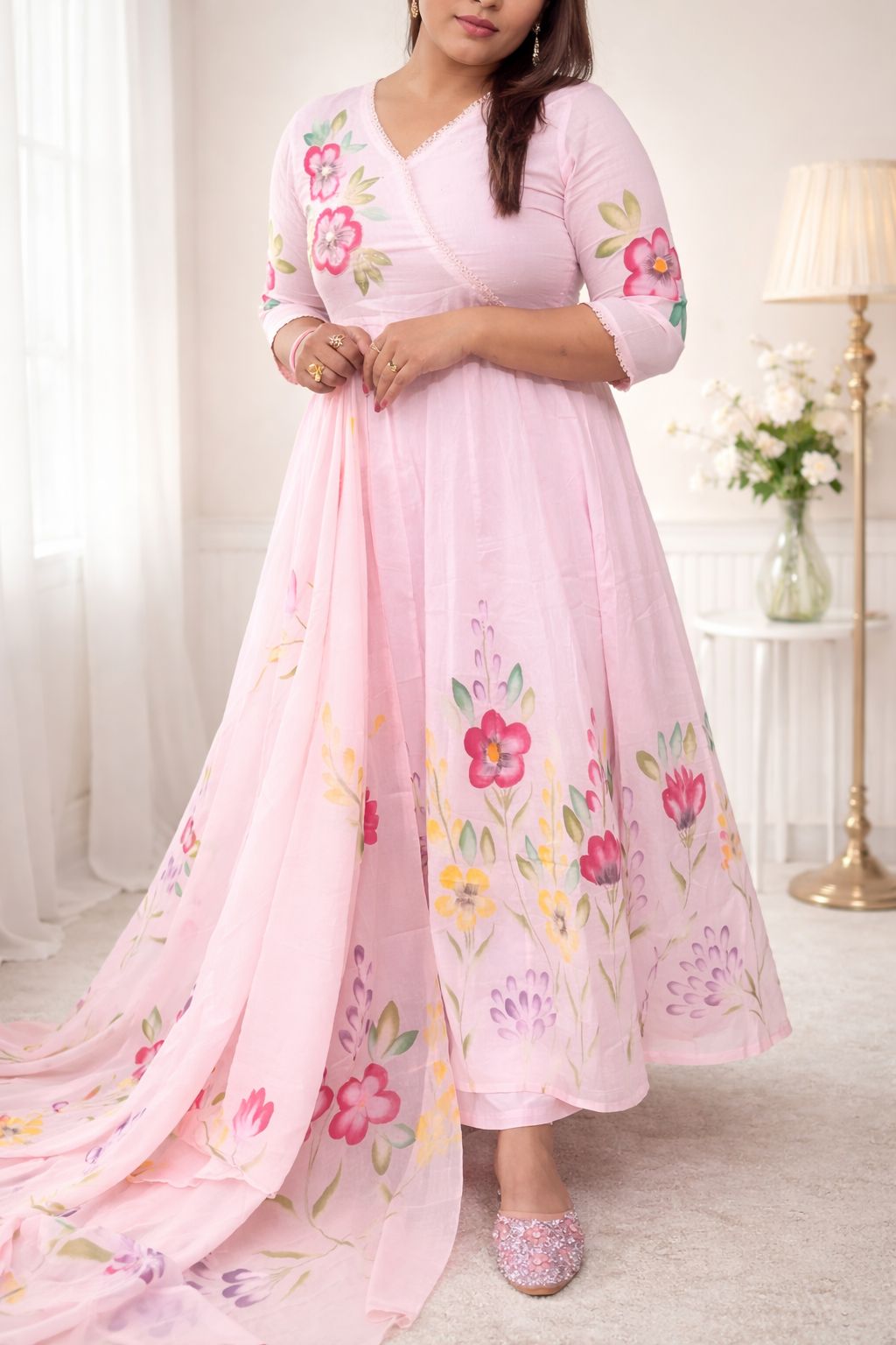 Pink Hand-Painted Cotton Anarkali Suit Set with Floral Artwork for Women
