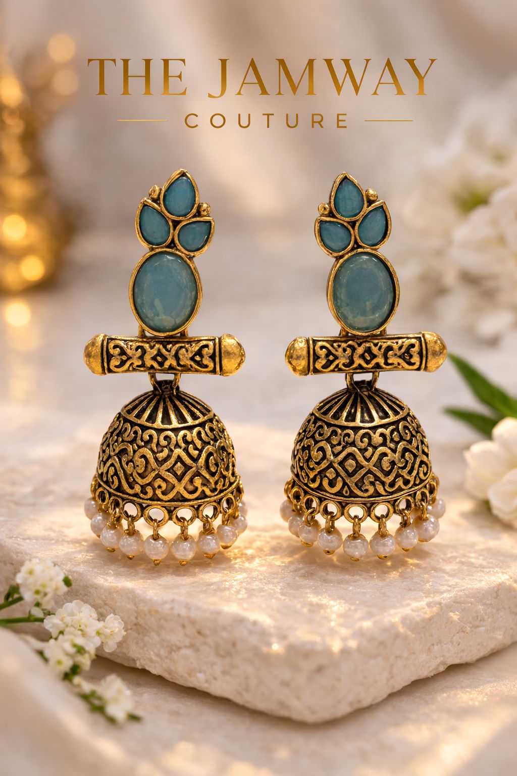 Antique Gold Jhumka Earrings with Aqua Stones