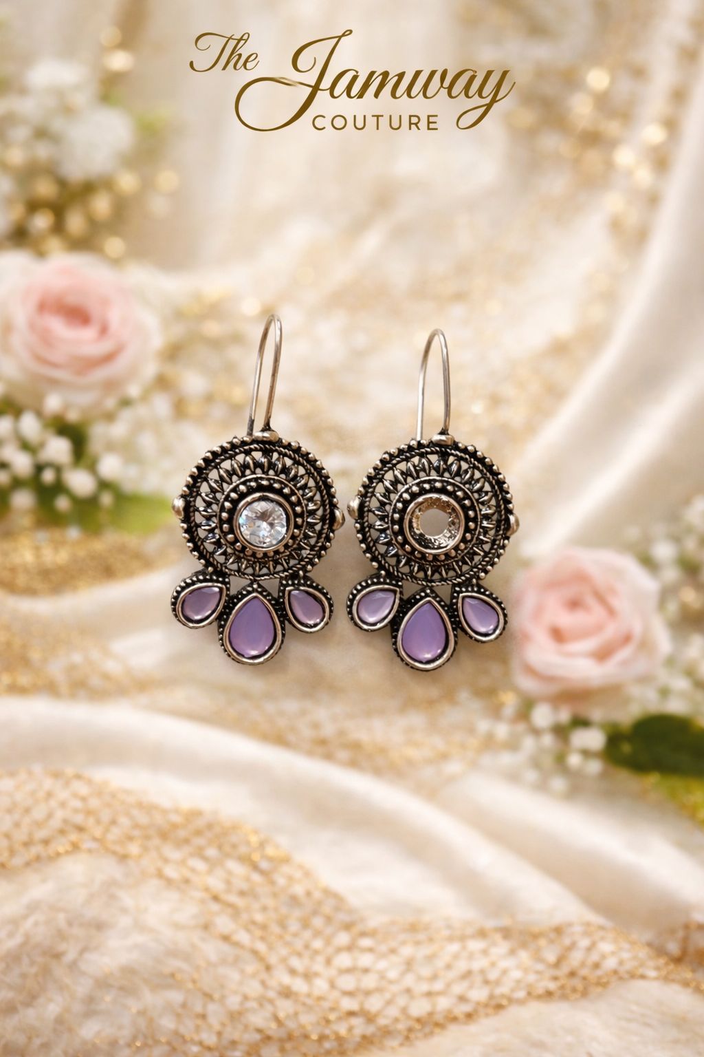 Vintage Oxidised Purple Stone Drop Earrings