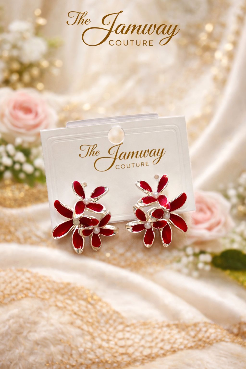 Bold Red Floral Enamel Statement Earrings