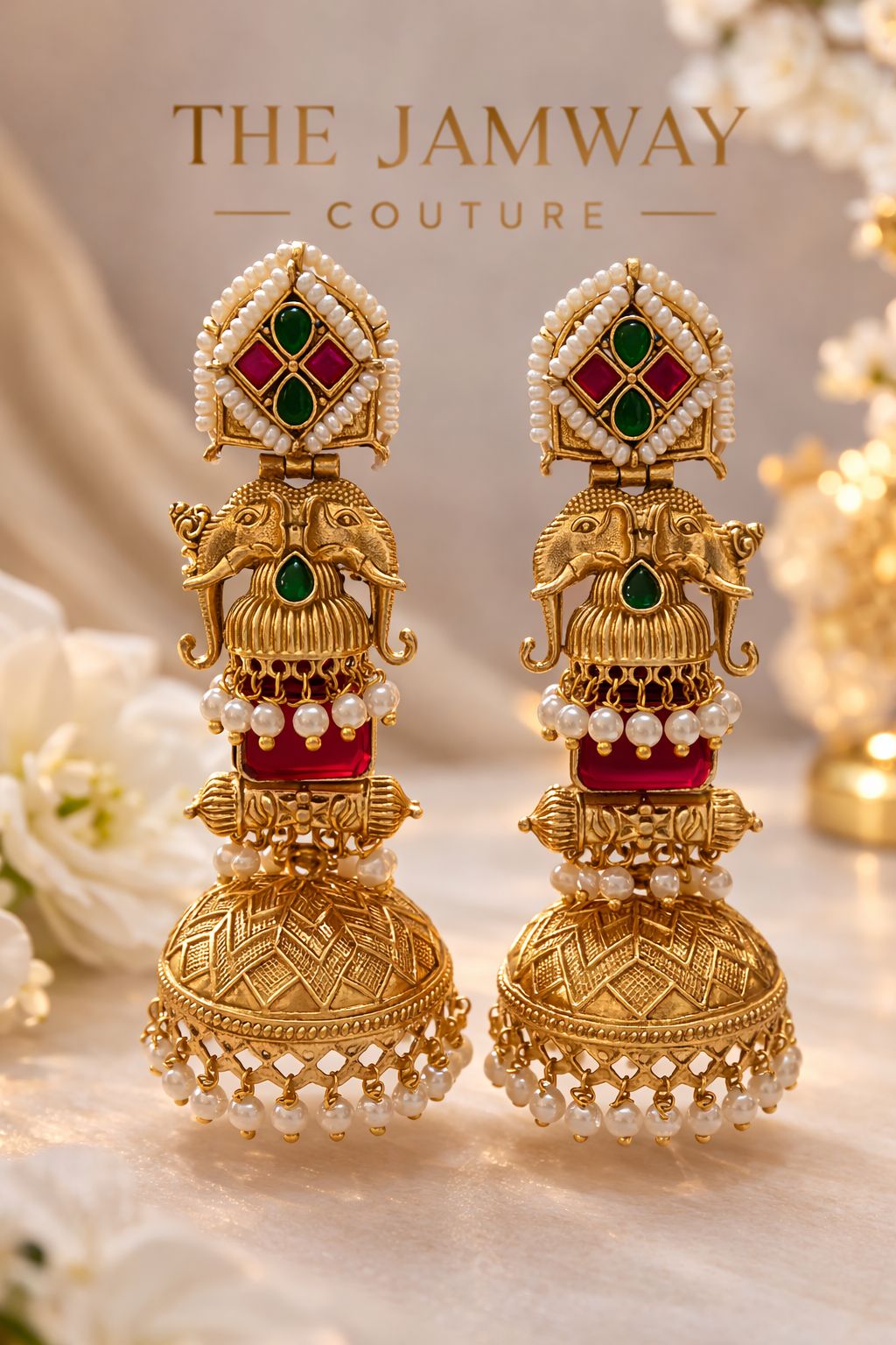 Royal Temple Elephant Jhumka Earrings with Pearl Drops