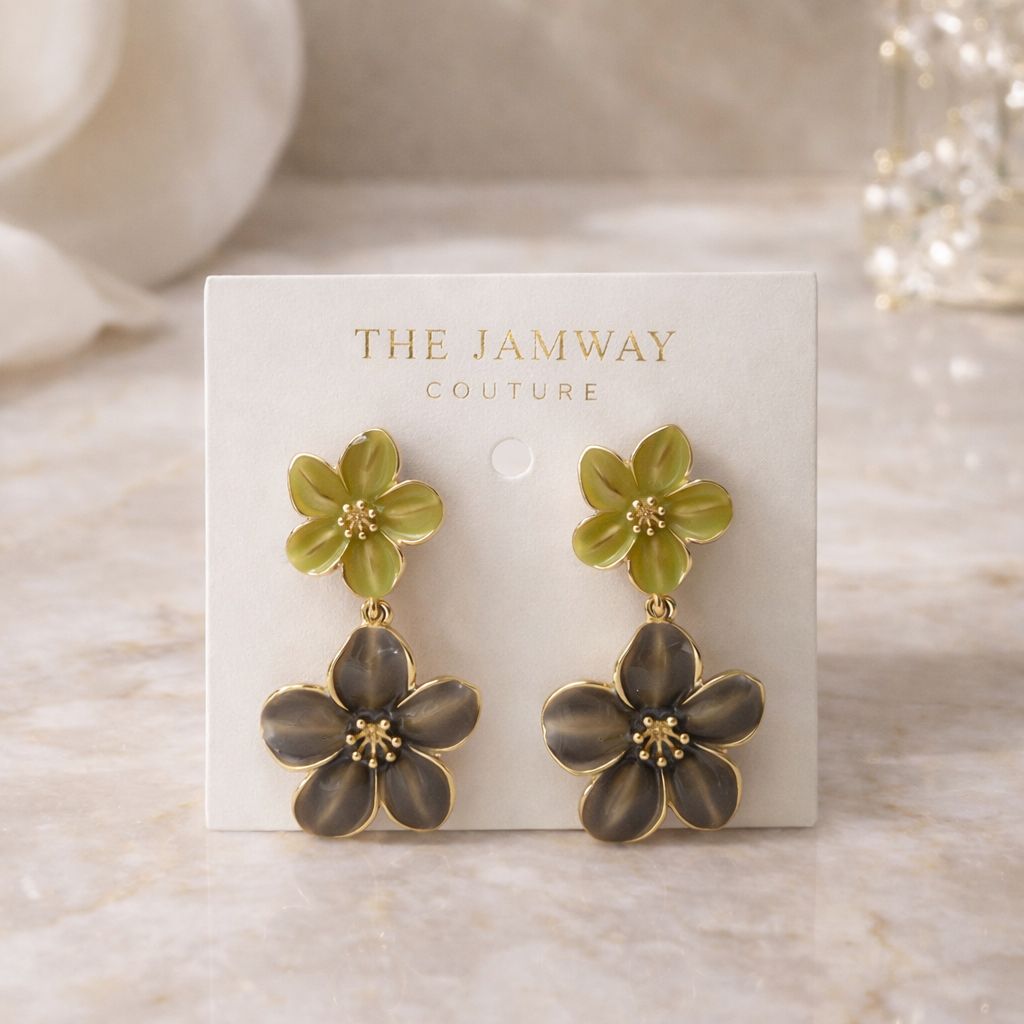 Dual Tone Floral Drop Earrings with Enamel Finish