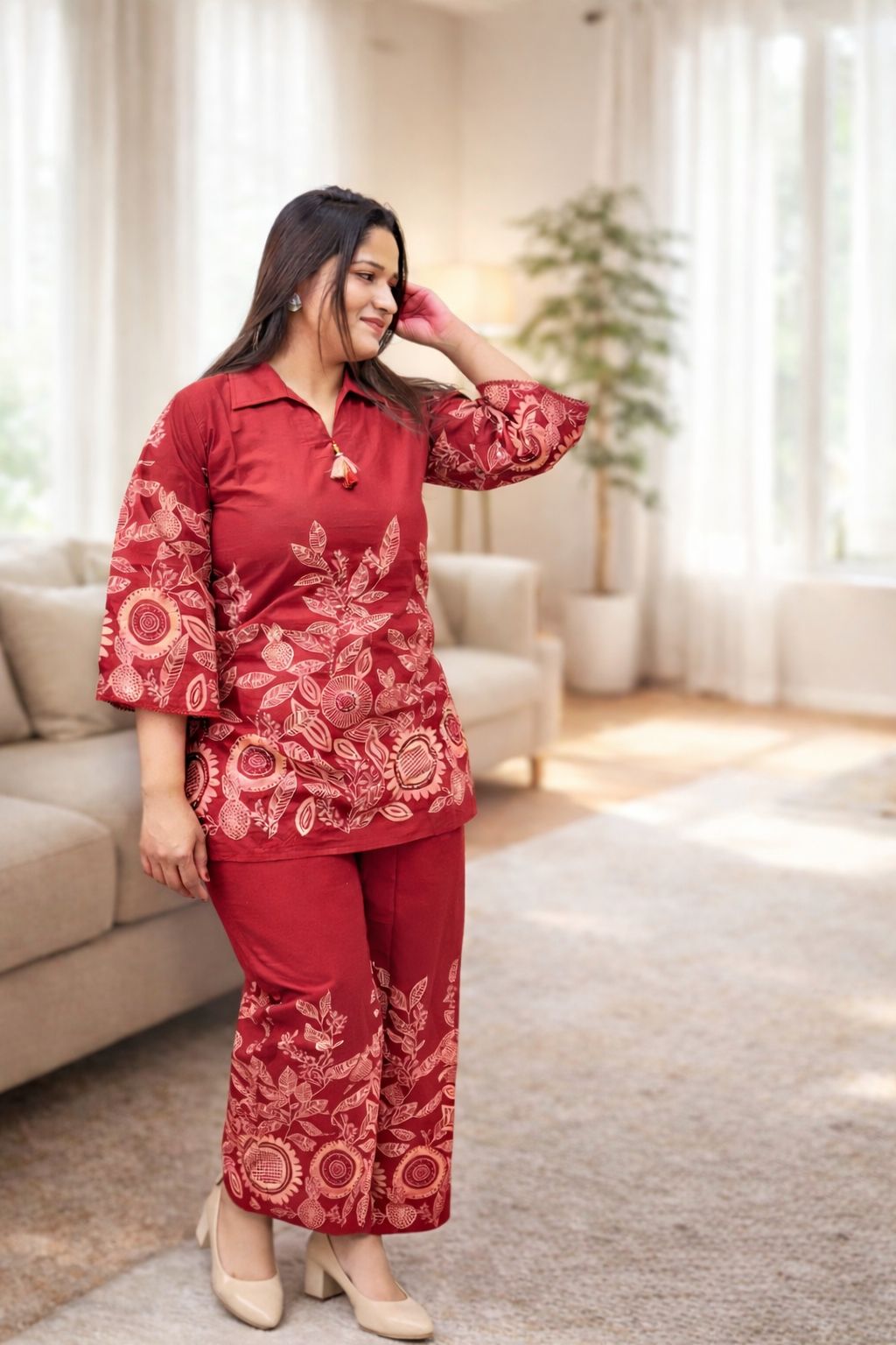 Red Floral Printed Kurti Set with Pants