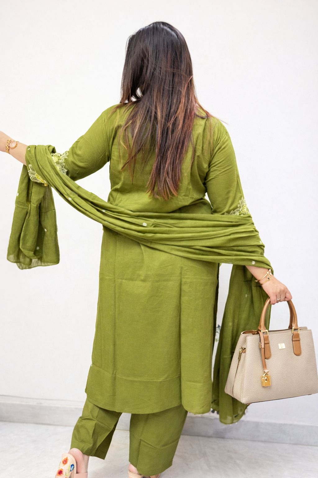 Olive Green Cotton Kurti Set with Dupatta