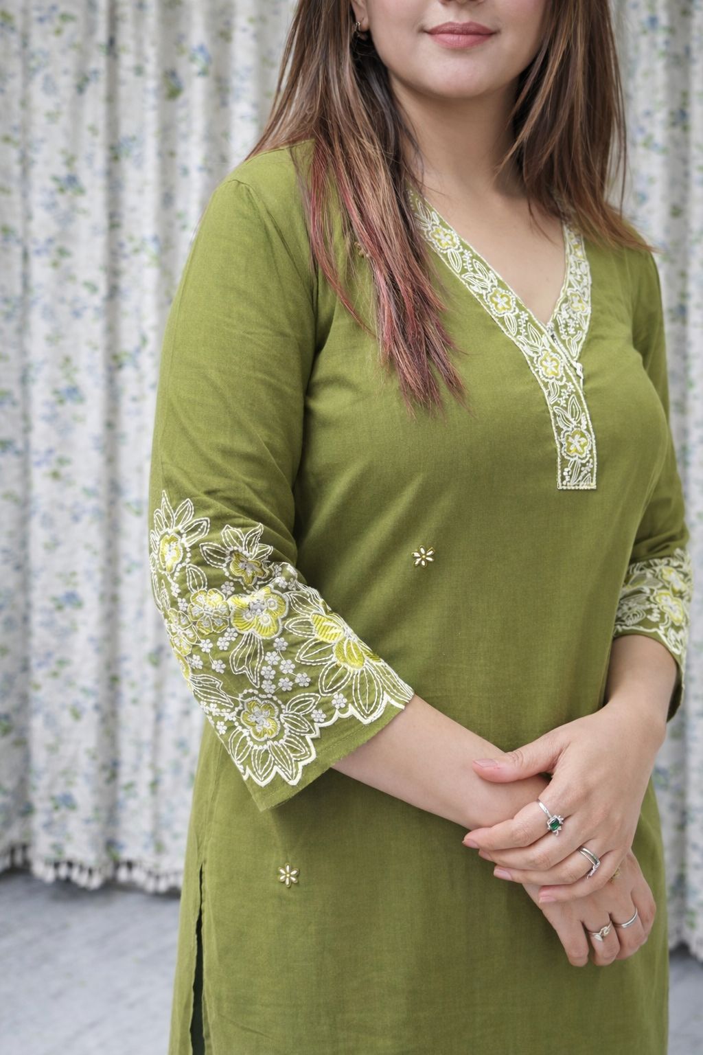 Olive Green Cotton Kurti Set with Dupatta