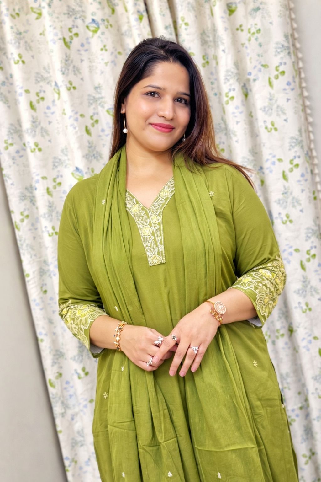 Olive Green Cotton Kurti Set with Dupatta