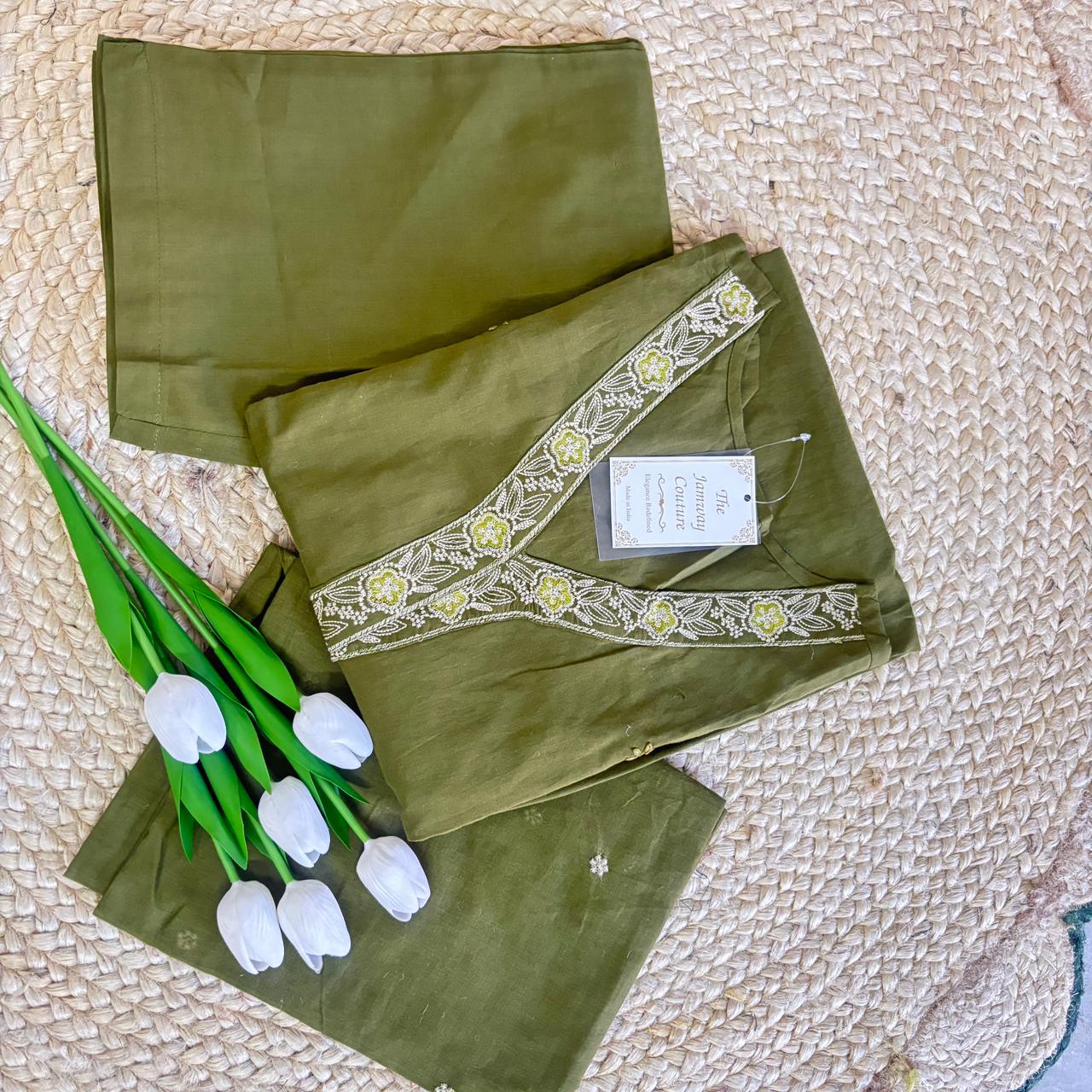 Olive Green Cotton Kurti Set with Dupatta