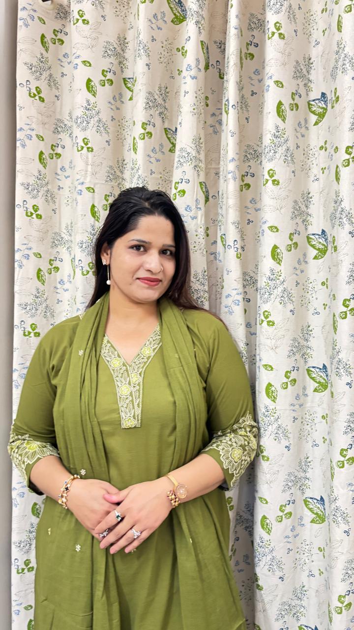 Olive Green Cotton Kurti Set with Dupatta