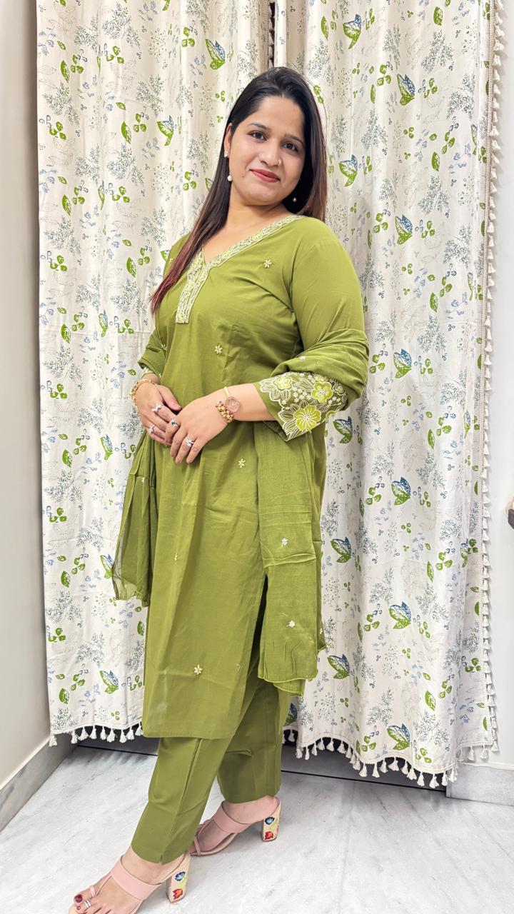 Olive Green Cotton Kurti Set with Dupatta
