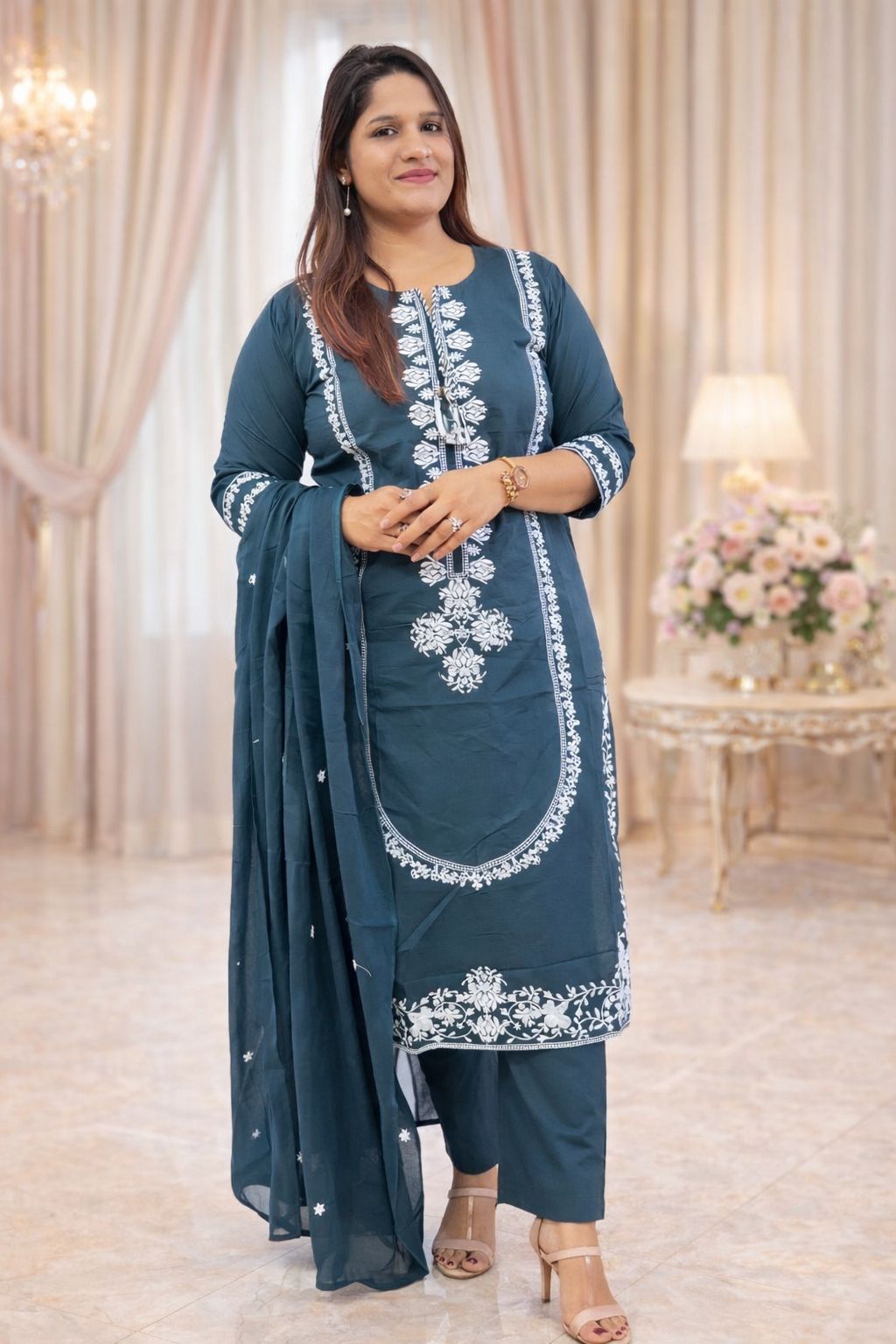 Teal Blue Embroidered Kurti Set with Dupatta