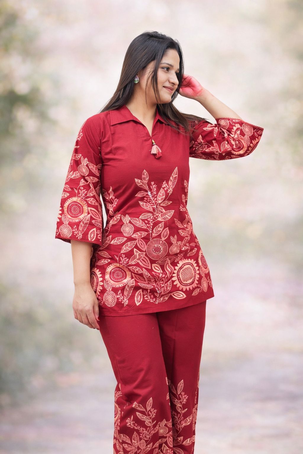 Red Floral Printed Kurti Set with Pants