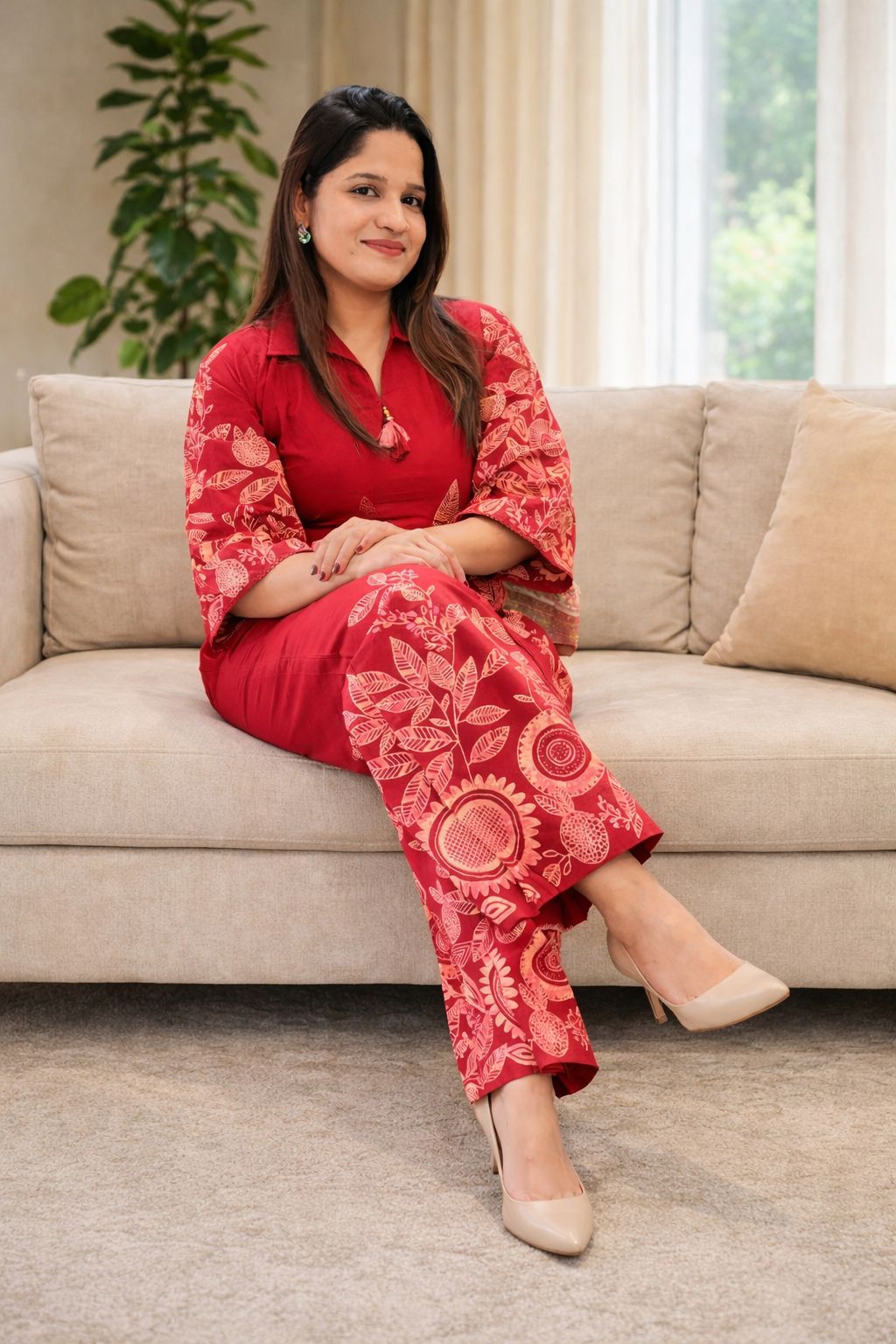 Red Floral Printed Kurti Set with Pants