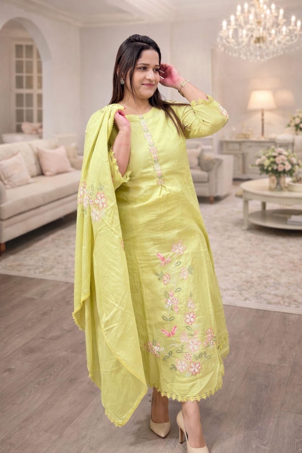 Pastel Yellow Floral Kurti Set with Dupatta