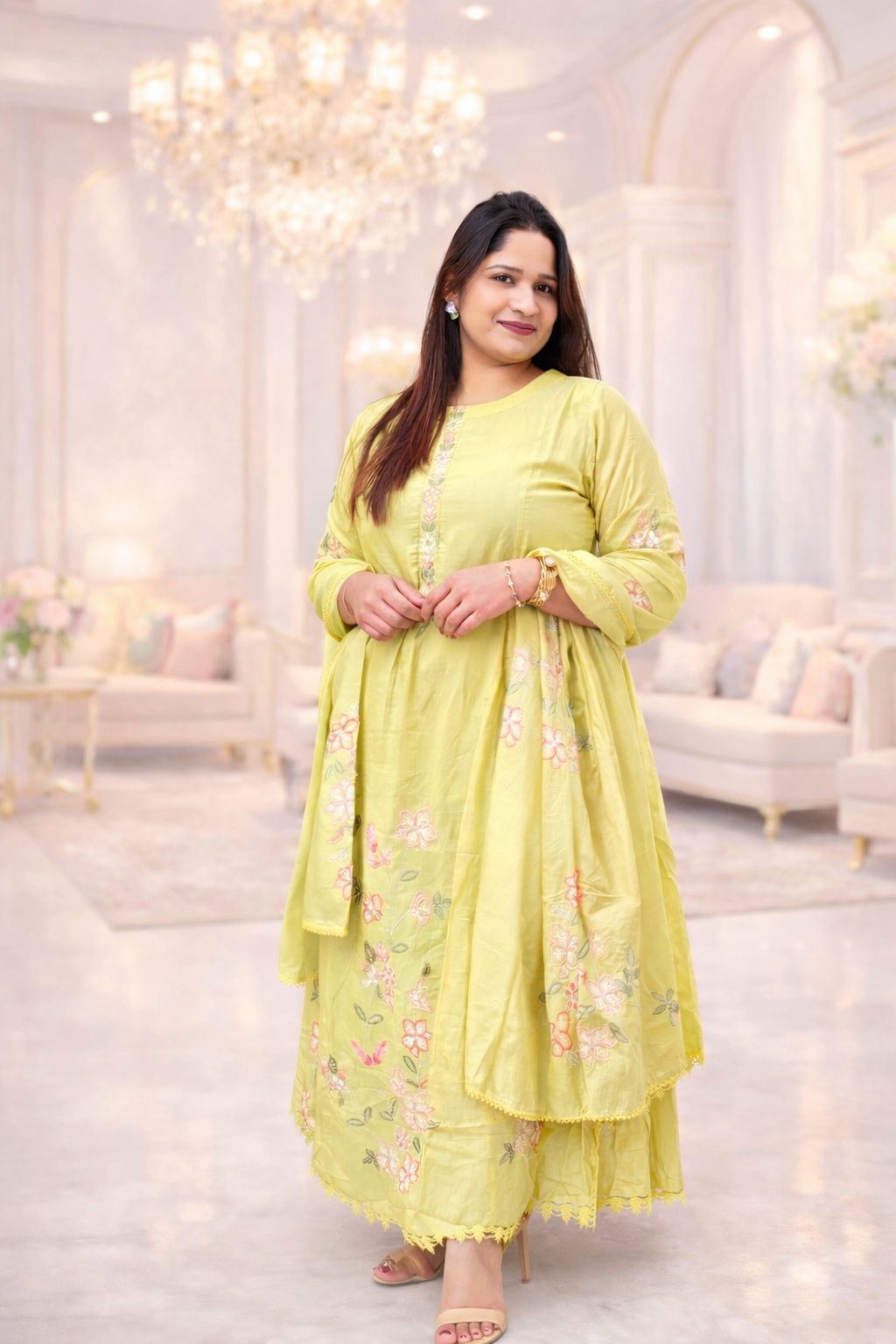 Pastel Yellow Floral Kurti Set with Dupatta