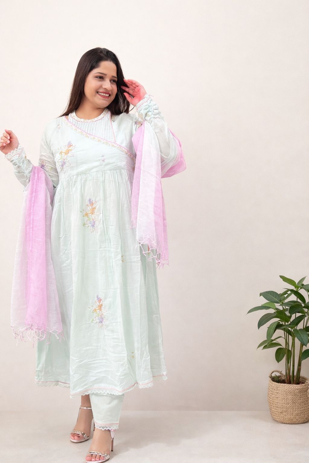 Pastel Blue Embroidered Anarkali Kurti with Dupatta
