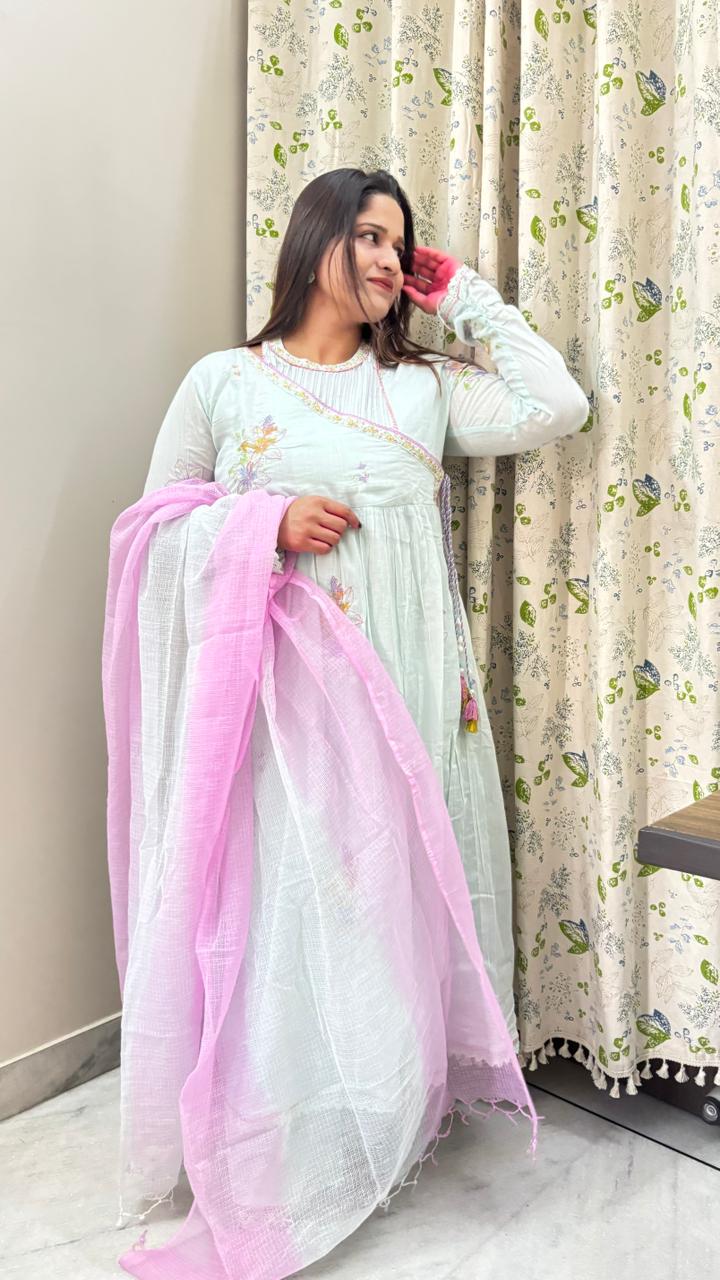 Pastel Blue Embroidered Anarkali Kurti with Dupatta