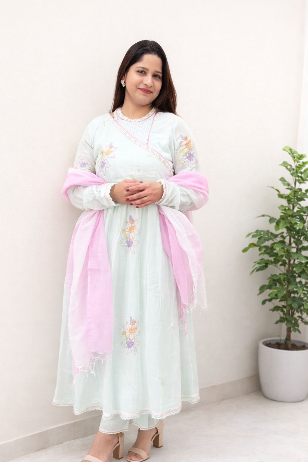 Pastel Blue Embroidered Anarkali Kurti with Dupatta