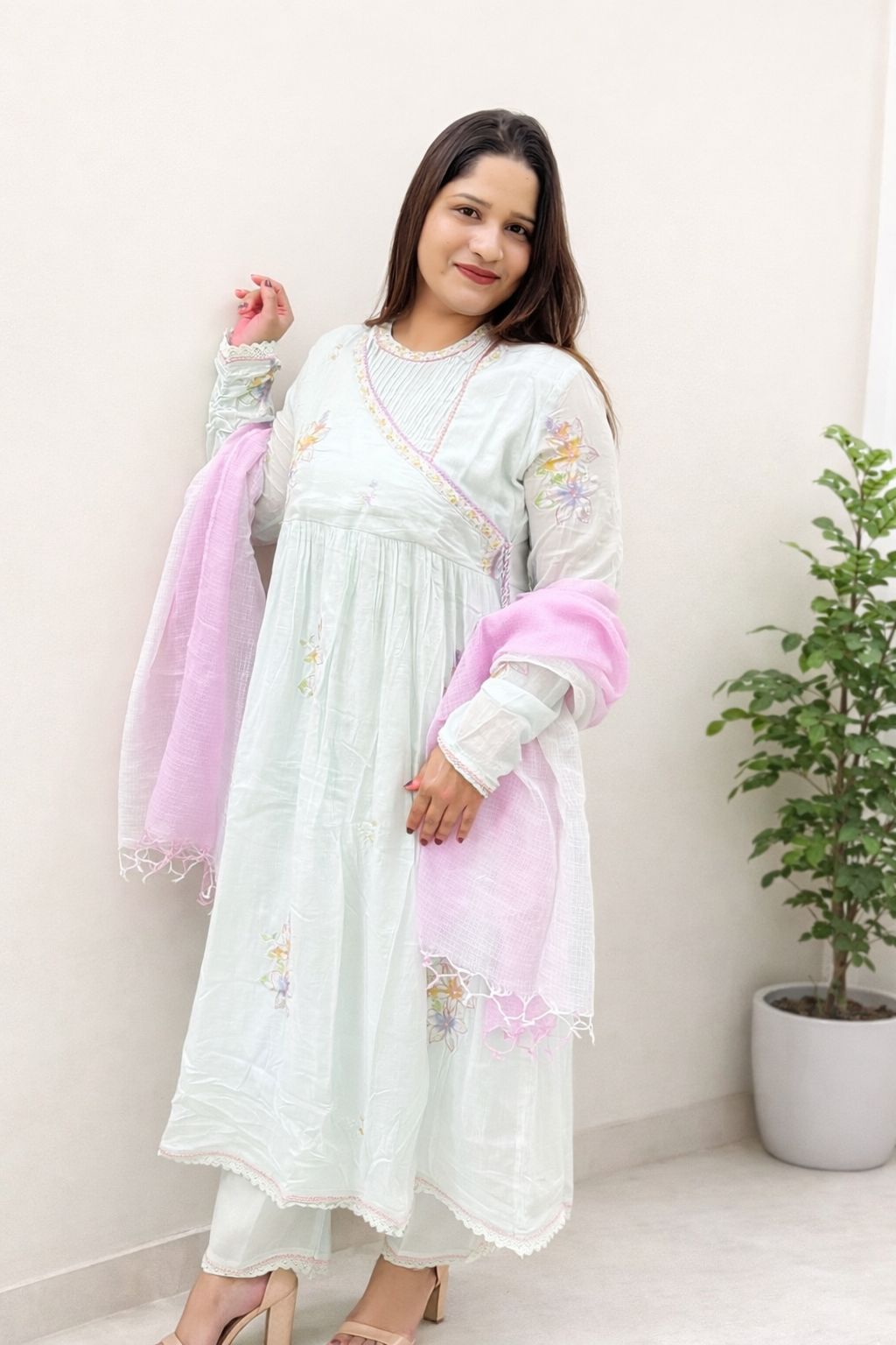 Pastel Blue Embroidered Anarkali Kurti with Dupatta
