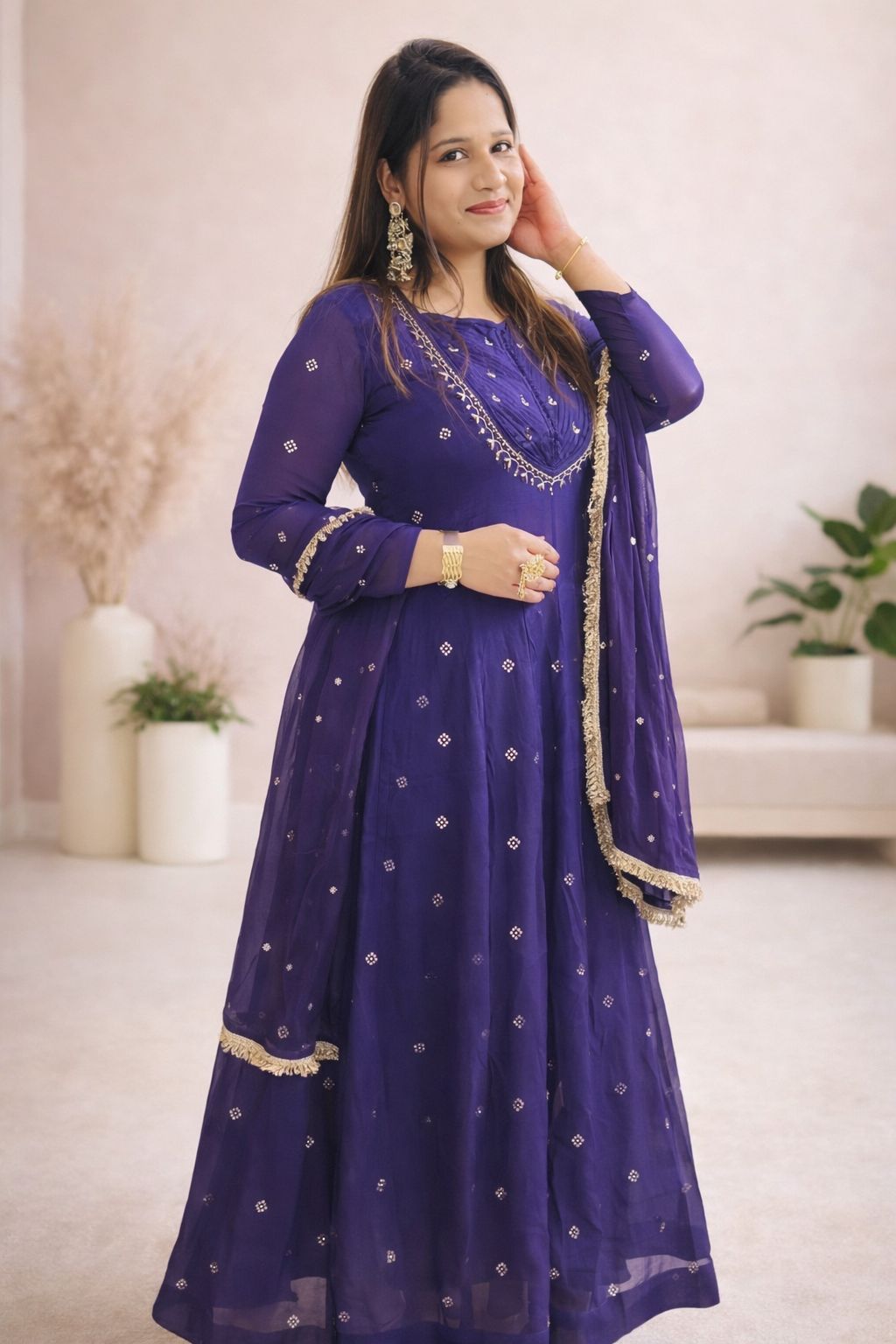 Royal Purple Embroidered Anarkali Kurti with Dupatta