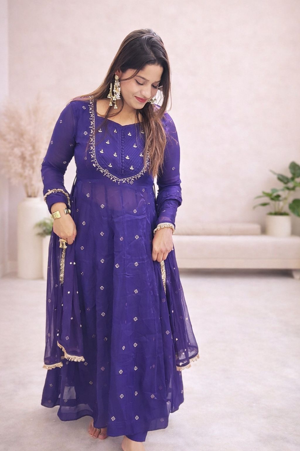 Royal Purple Embroidered Anarkali Kurti with Dupatta