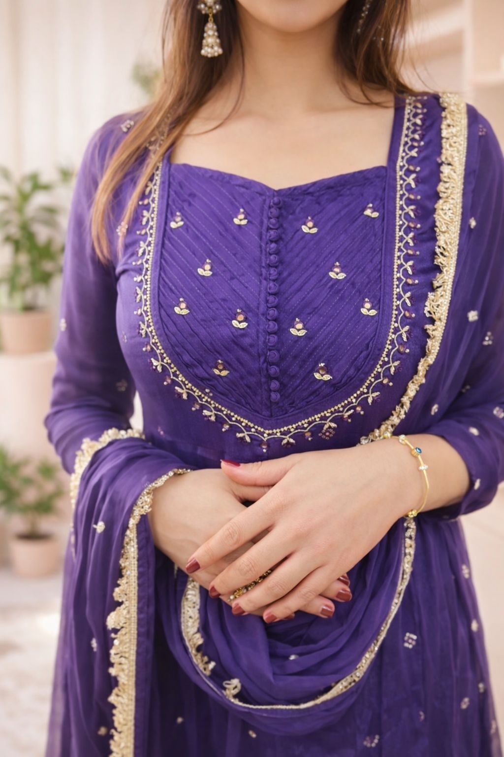 Royal Purple Embroidered Anarkali Kurti with Dupatta