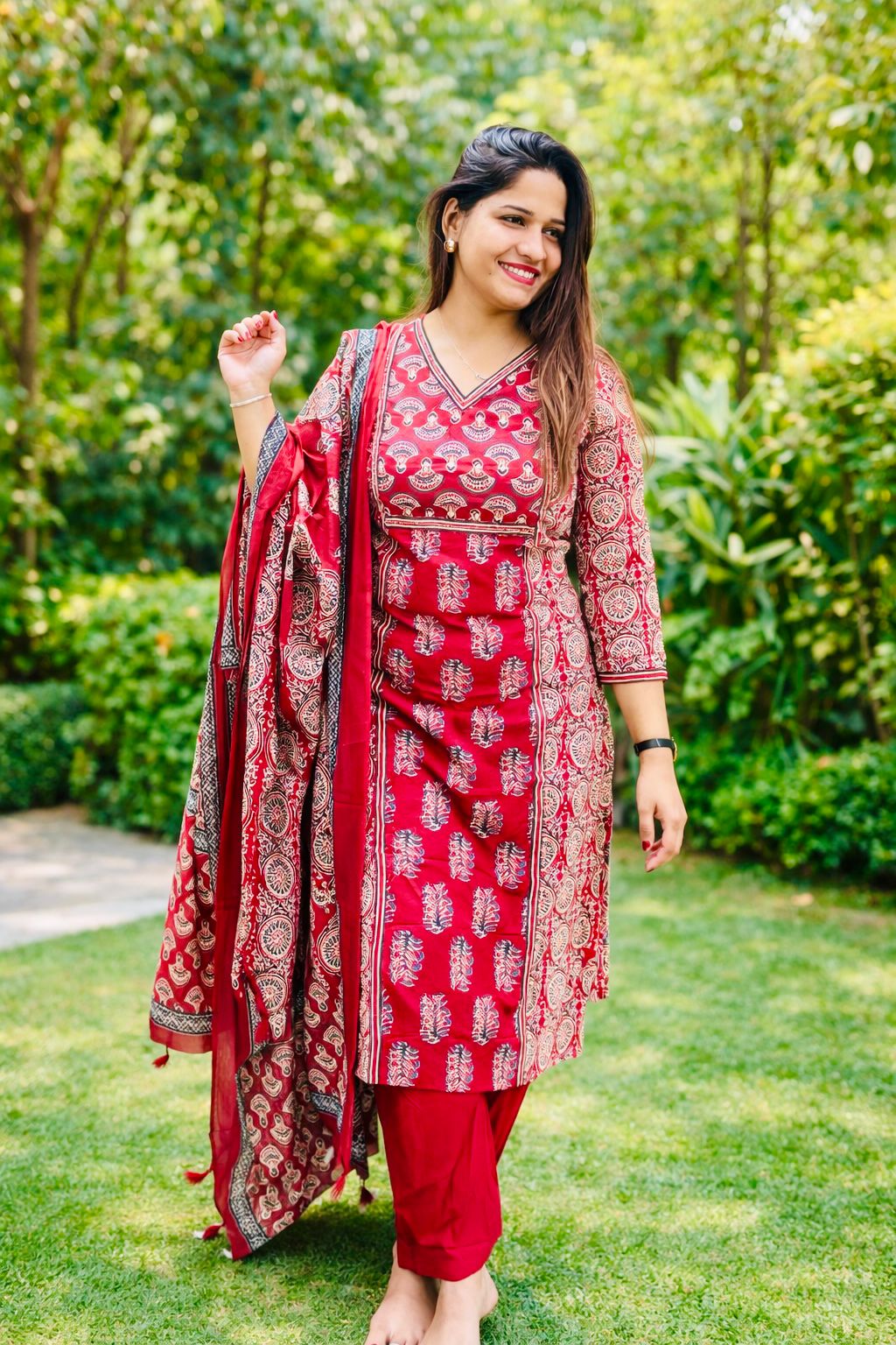 Festive Red Printed Kurti Set with Dupatta