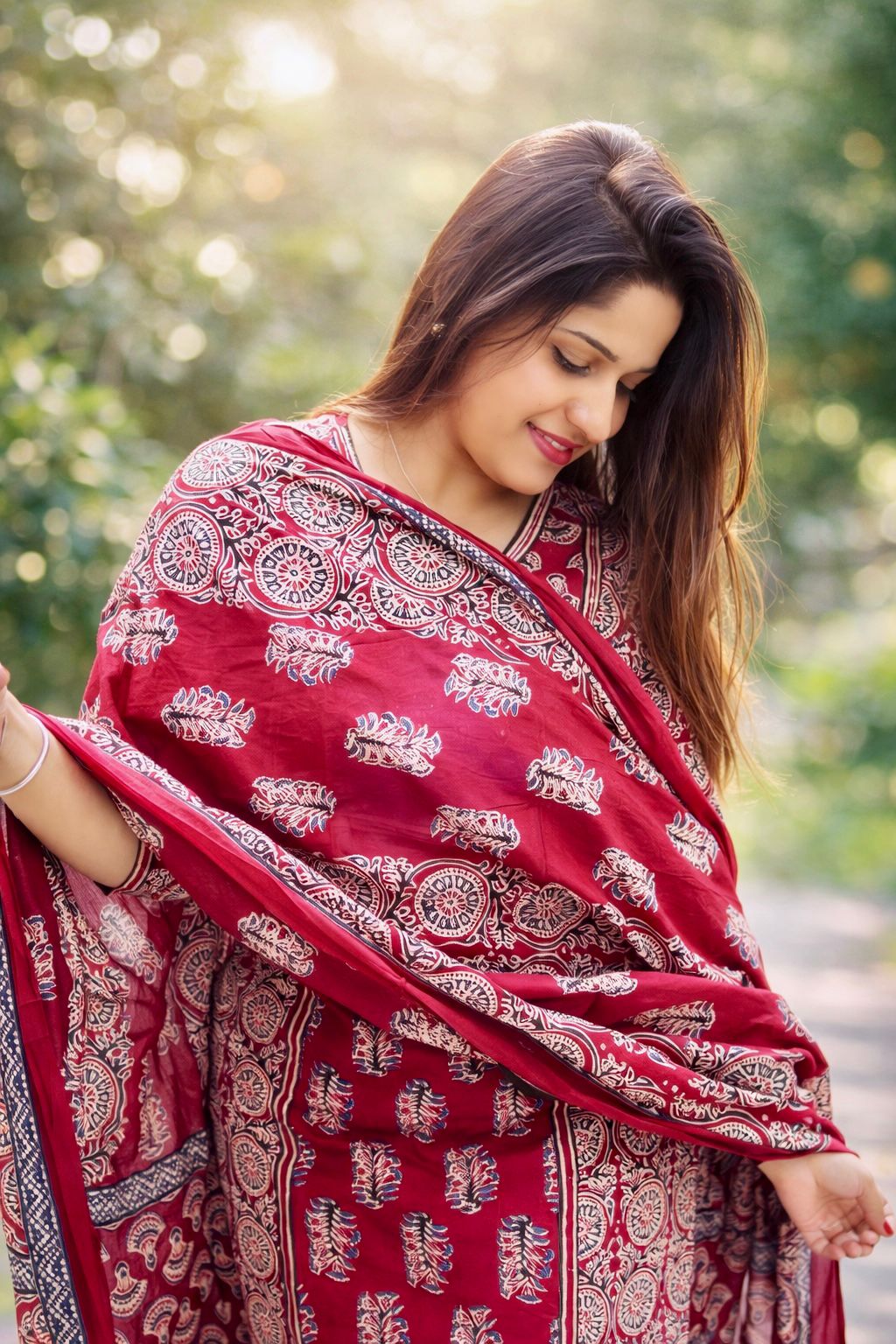 Festive Red Printed Kurti Set with Dupatta