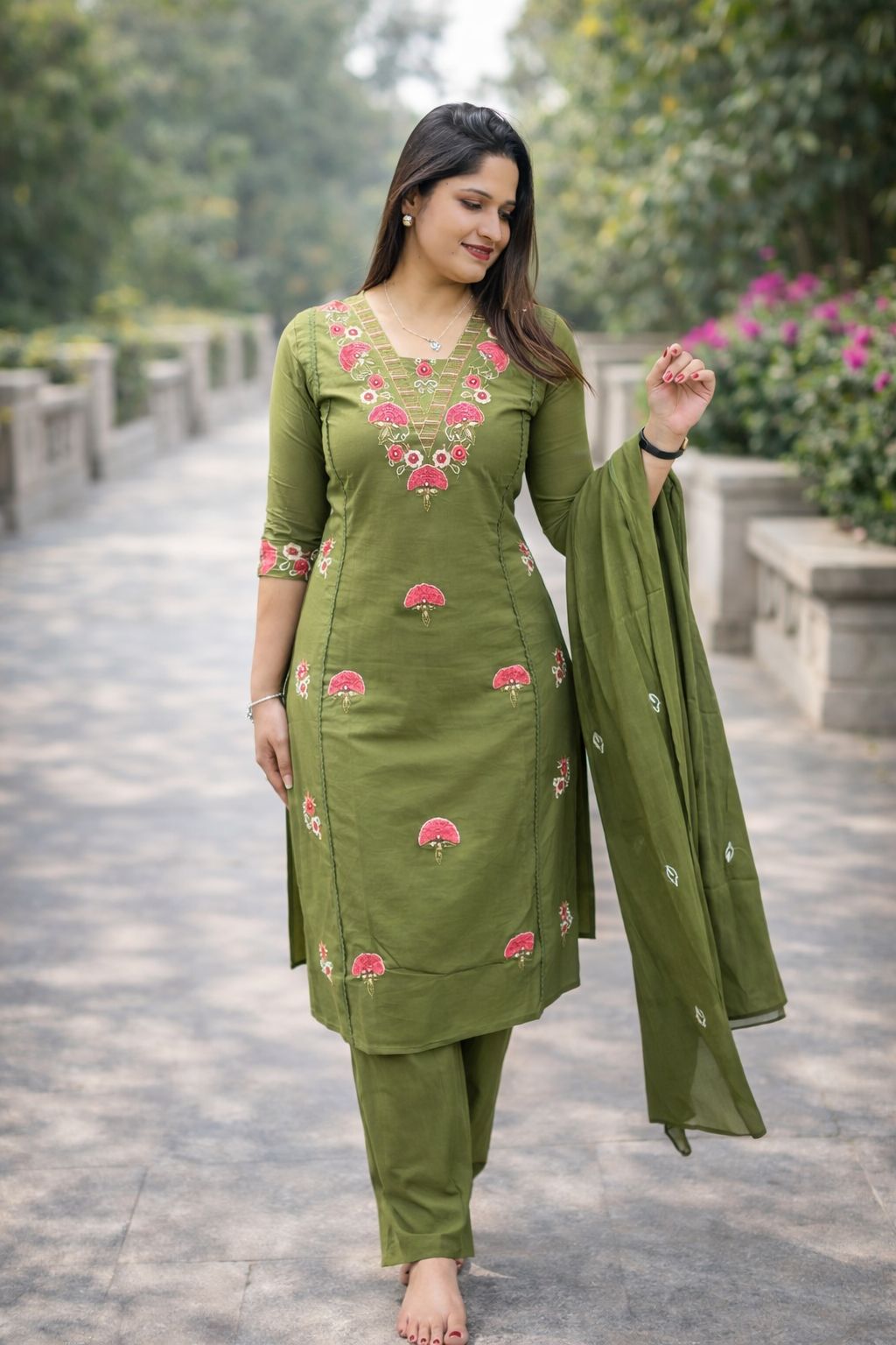 Olive Green Embroidered Kurti Set with Dupatta