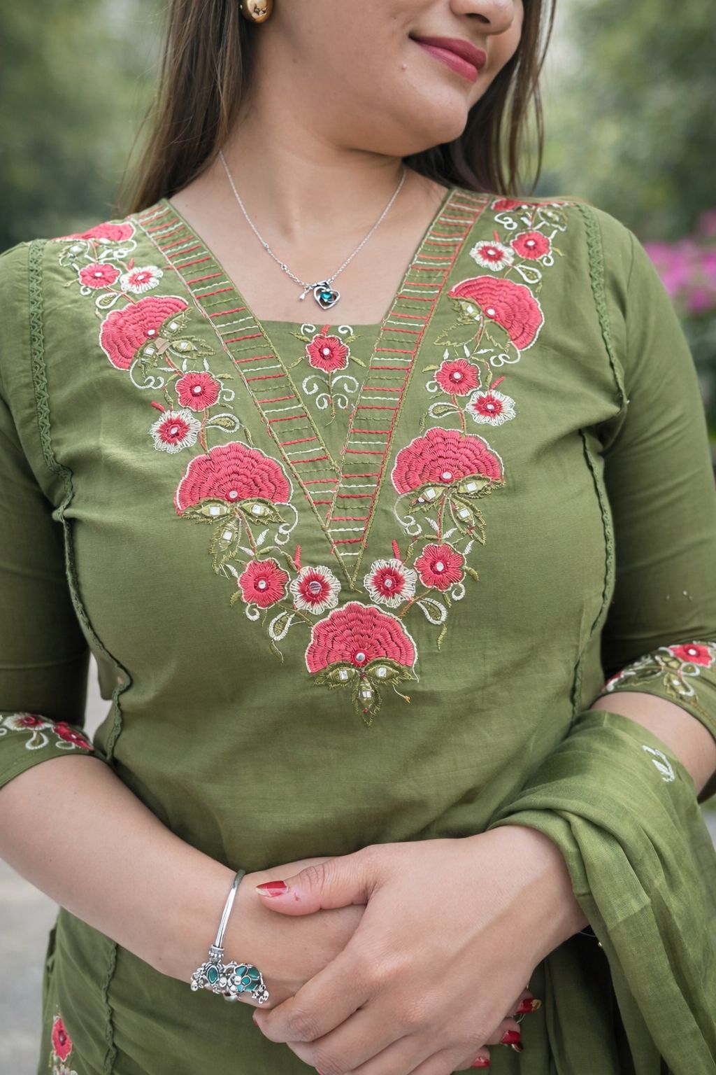 Olive Green Embroidered Kurti Set with Dupatta